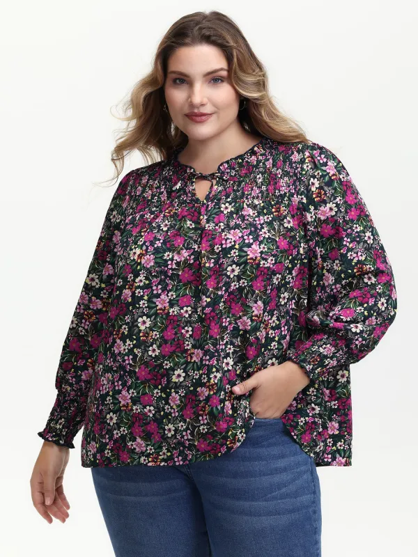 Ditsy Floral Shirred Neck Tie Blouse sold by Bloomchic
