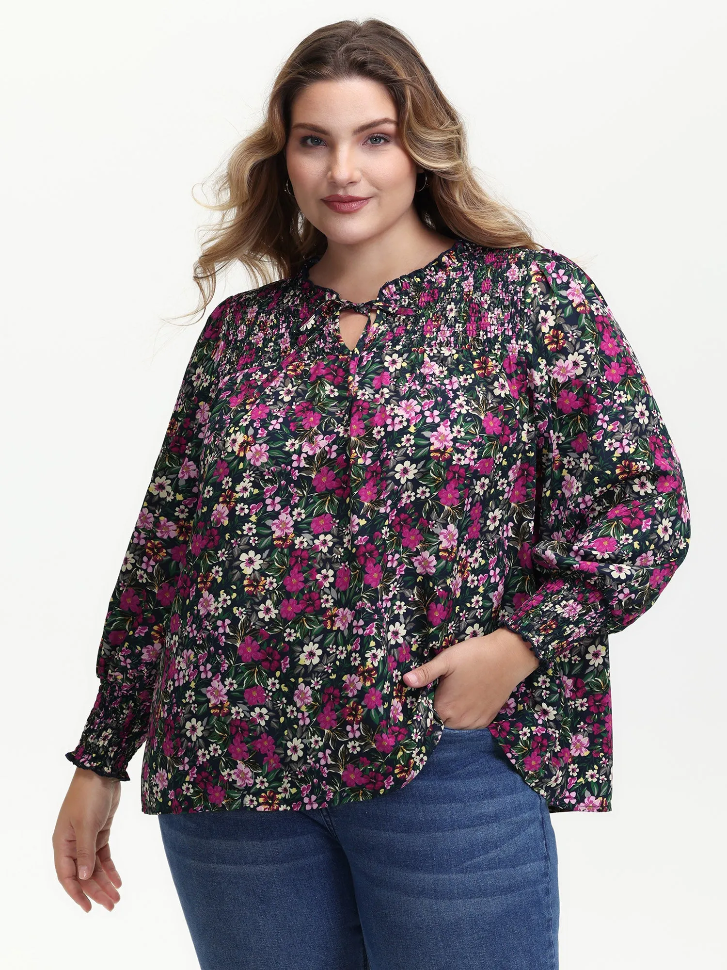 Ditsy Floral Shirred Neck Tie Blouse sold by Bloomchic