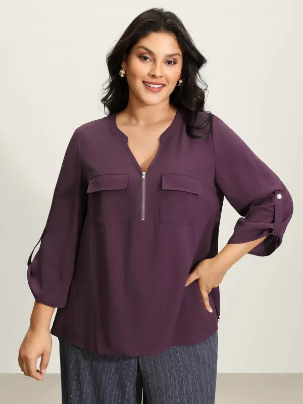 Half Zipper Tab Sleeve Blouse sold by Bloomchic