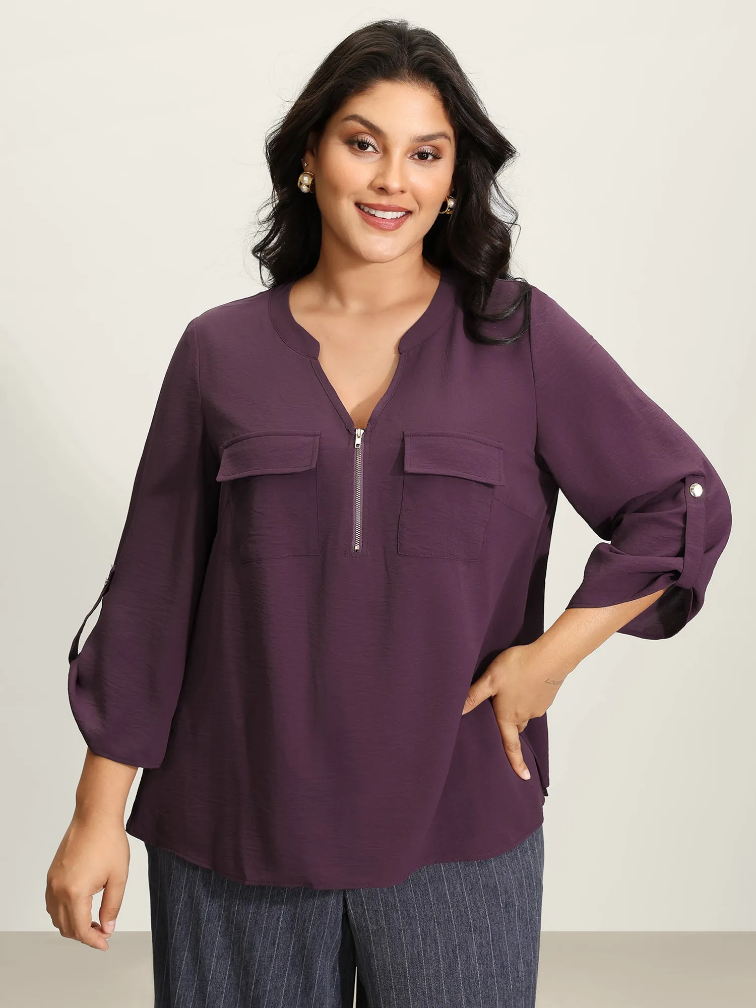 Half Zipper Tab Sleeve Blouse sold by Bloomchic