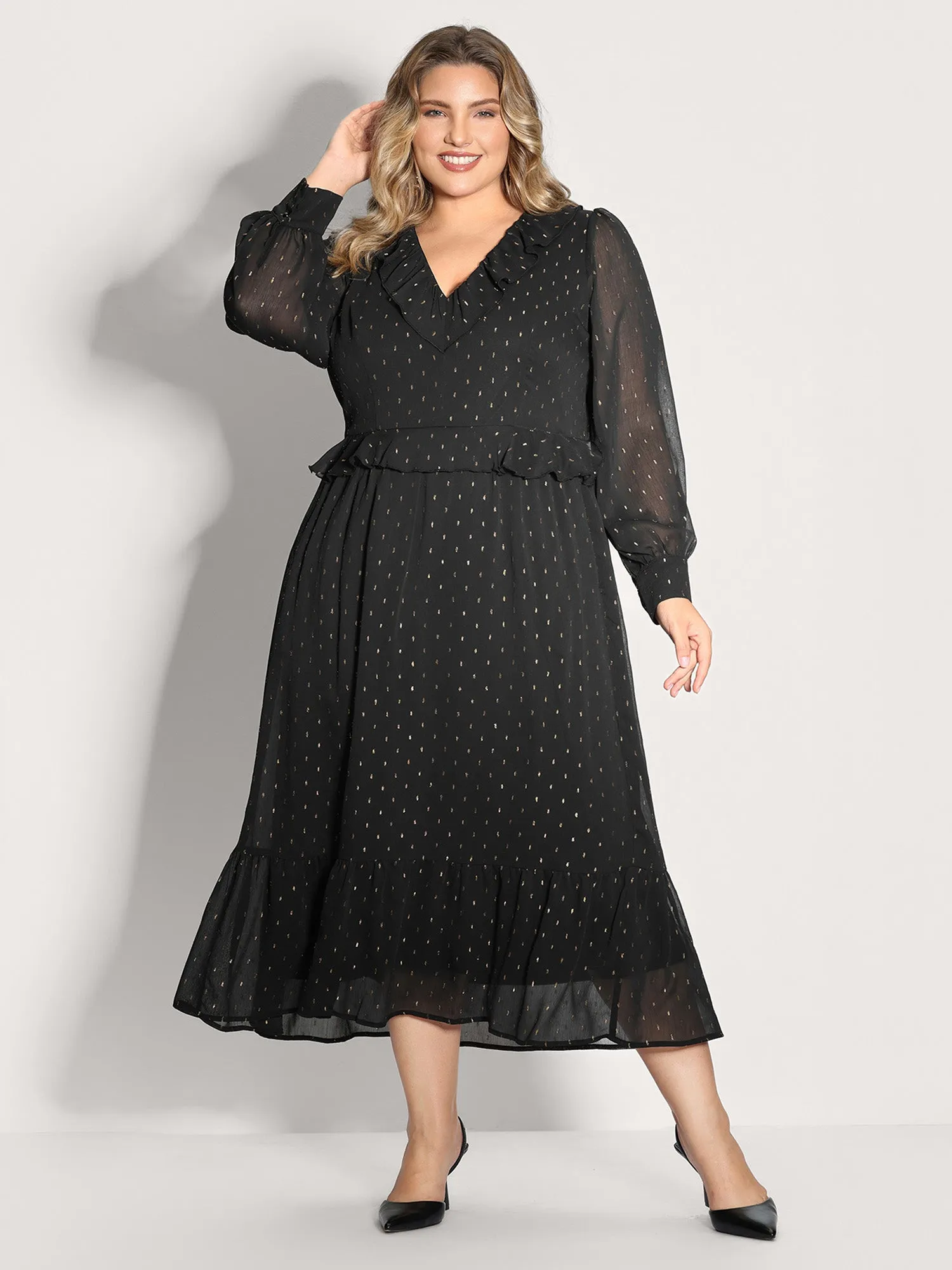 Gold Stamp Ruffled Neck Maxi Dress sold by Bloomchic