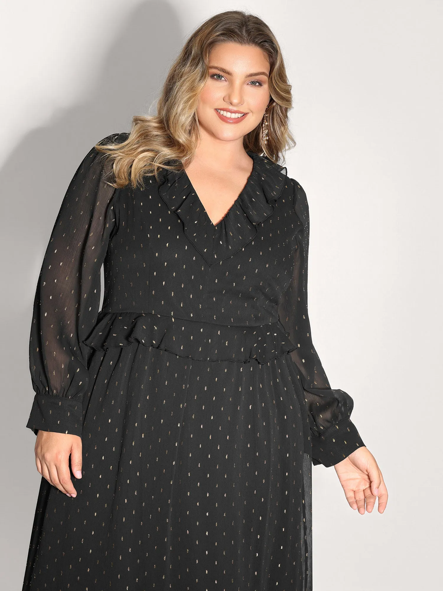 Gold Stamp Ruffled Neck Maxi Dress sold by Bloomchic product image thumbnail 2