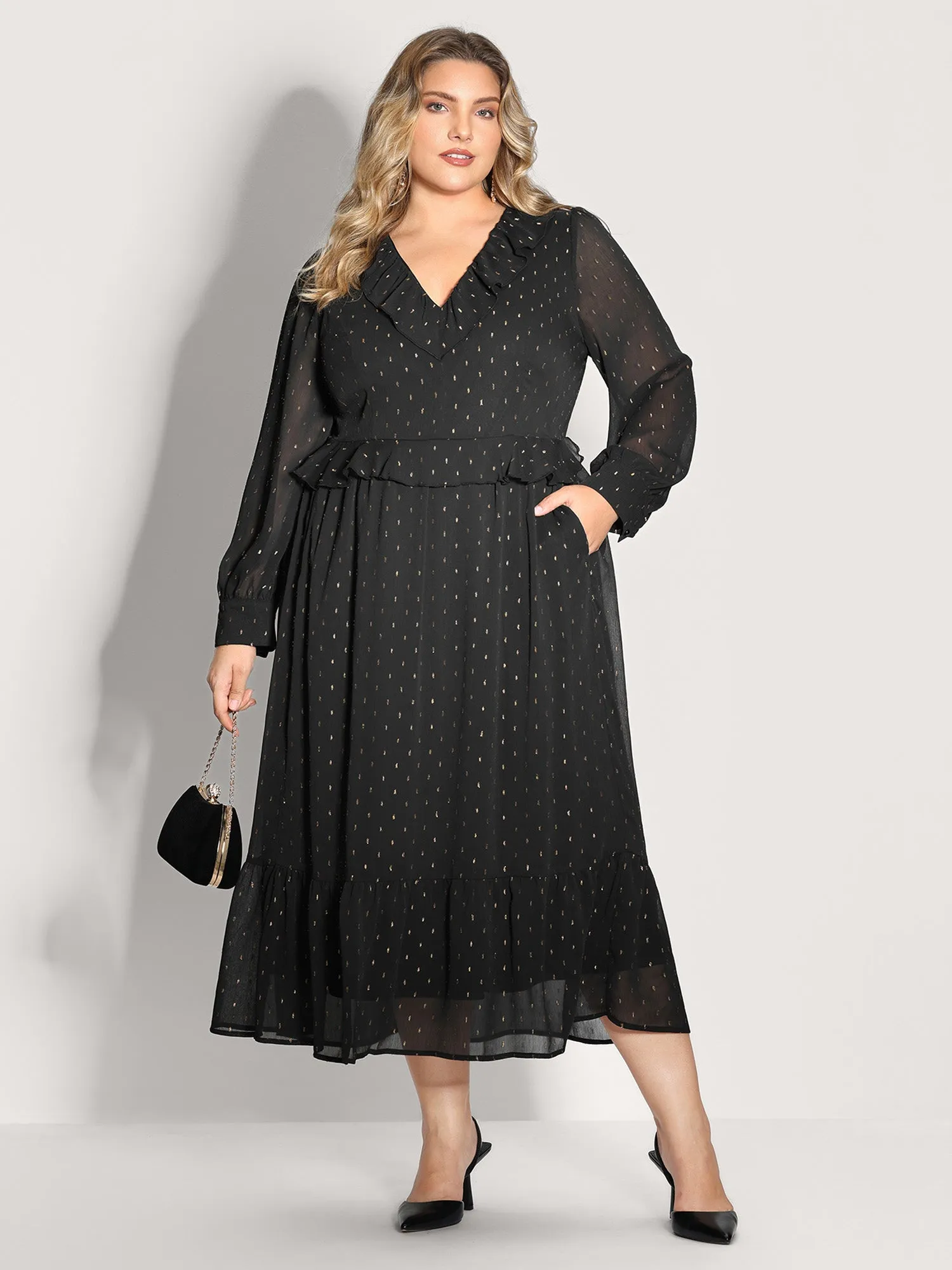 Gold Stamp Ruffled Neck Maxi Dress sold by Bloomchic product image thumbnail 4