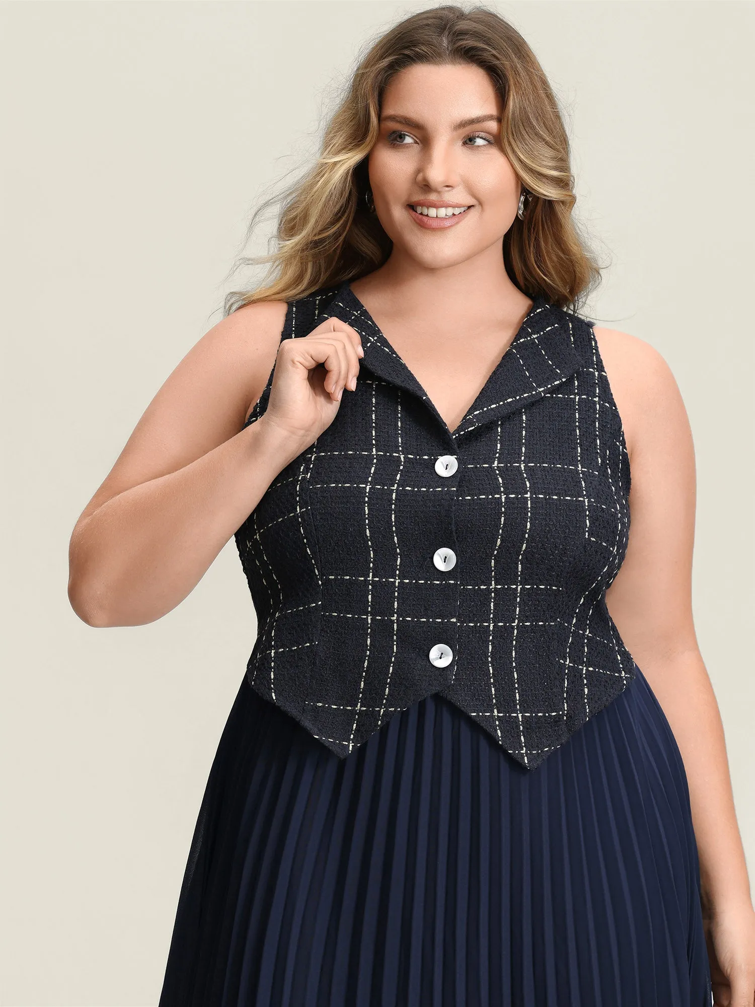 Plaid Pleated Skirt Contrast Vest Midi Dress sold by Bloomchic product image thumbnail 2