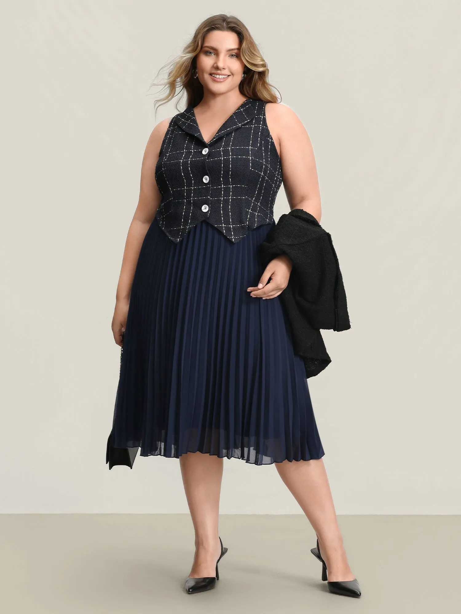 Plaid Pleated Skirt Contrast Vest Midi Dress sold by Bloomchic product image thumbnail 4