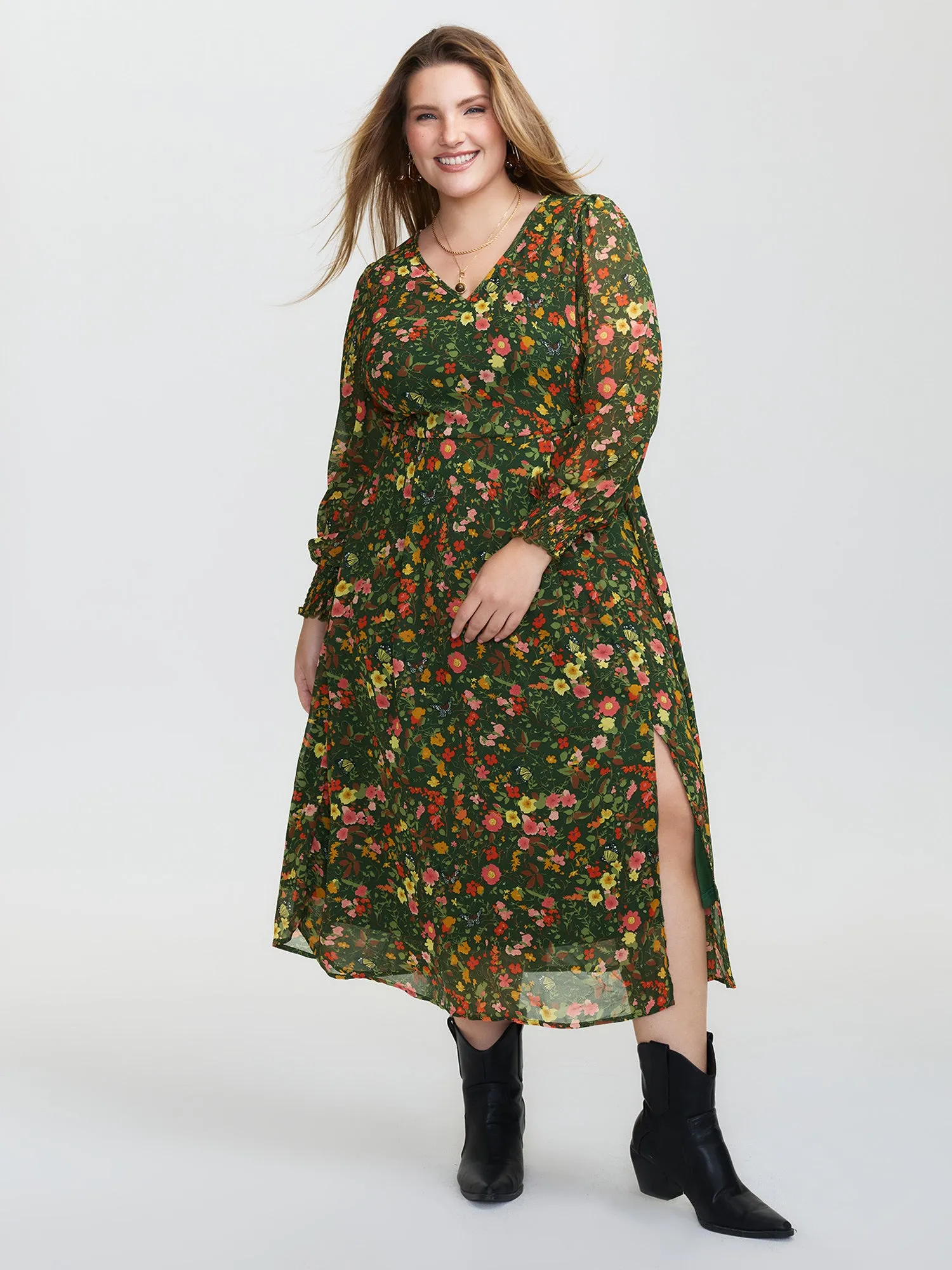 Floral Print Lantern Sleeve Slit Midi Dress sold by Bloomchic product image thumbnail 3