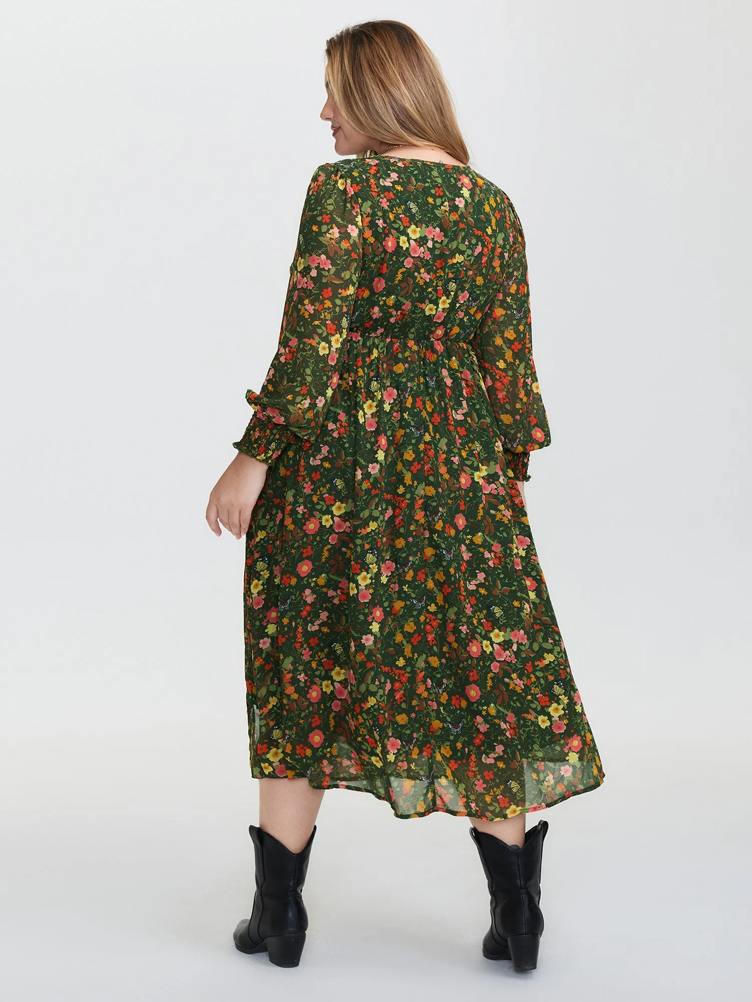 Floral Print Lantern Sleeve Slit Midi Dress sold by Bloomchic product image thumbnail 4