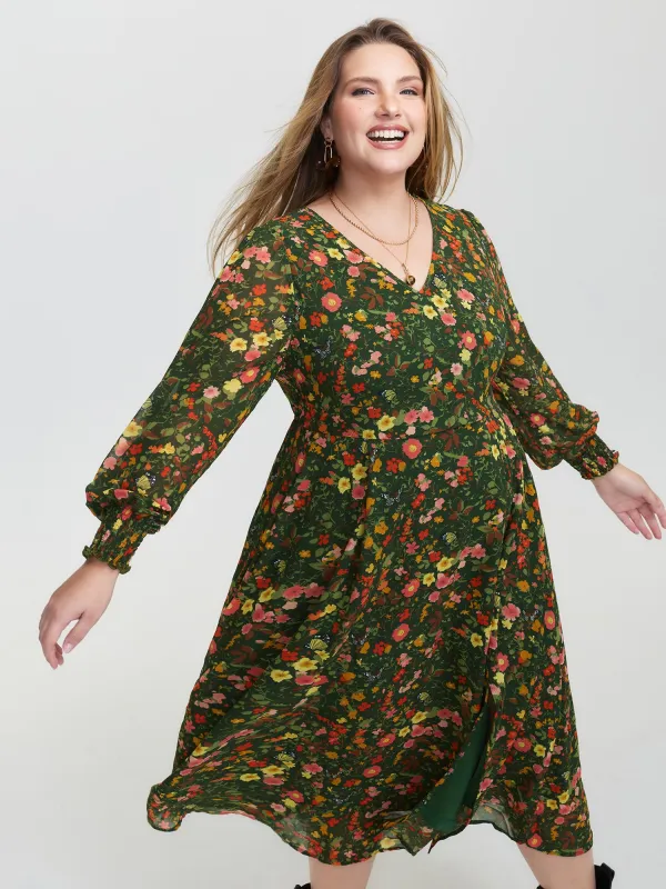 Floral Print Lantern Sleeve Slit Midi Dress sold by Bloomchic