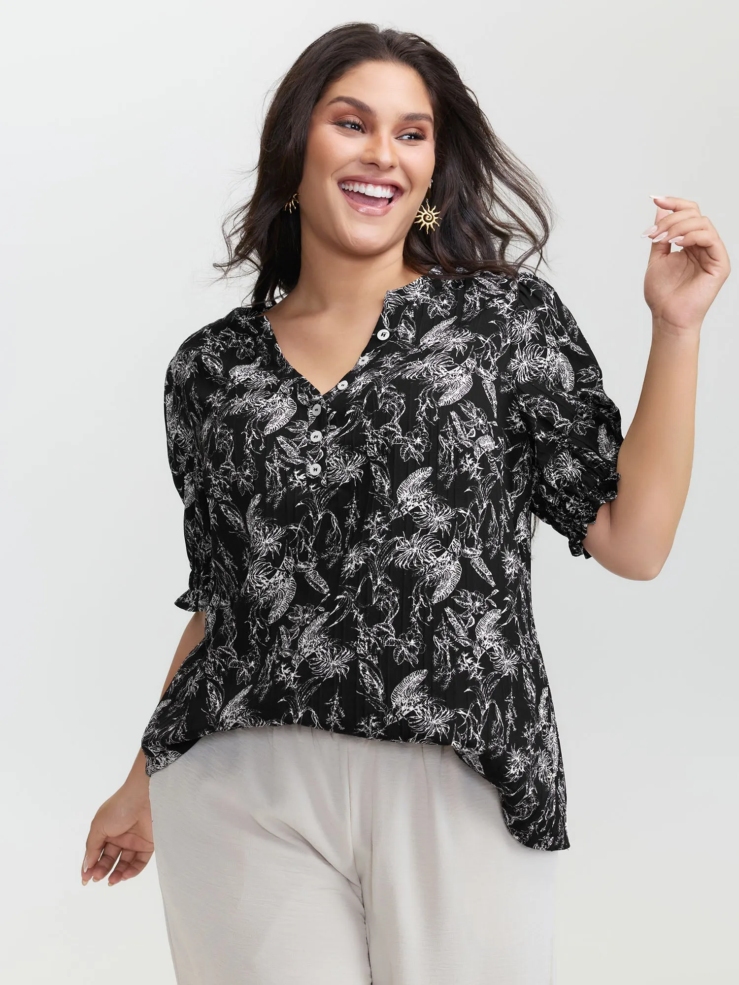 Floral Print Half-Open Placket Blouse sold by Bloomchic
