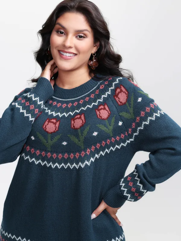 Floral Jacquard Color Contrast Pullover sold by Bloomchic