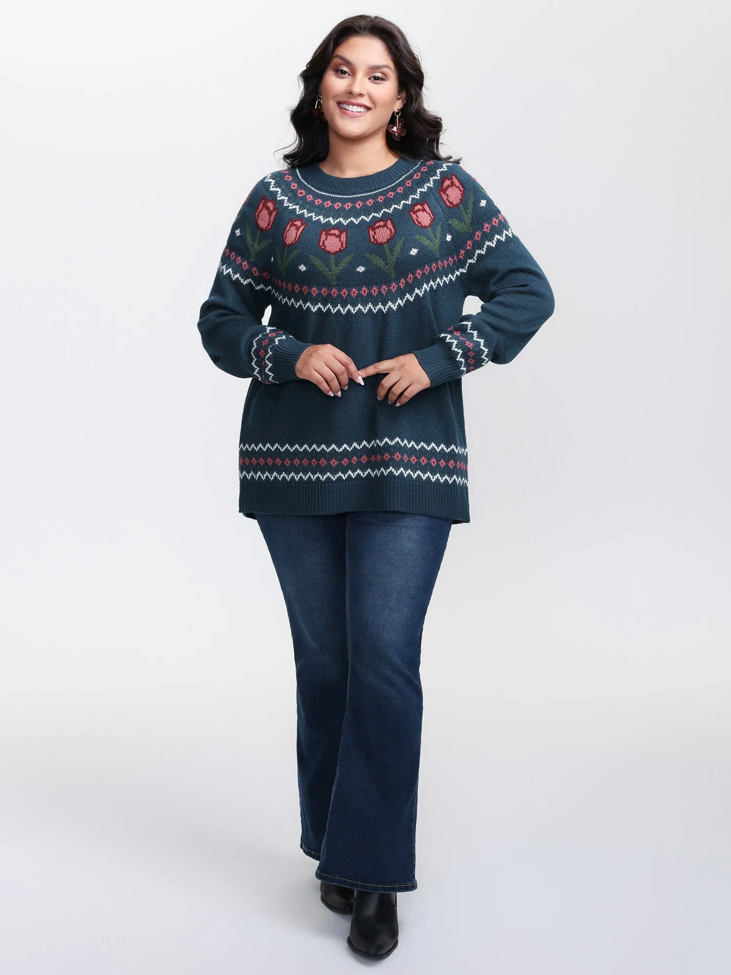 Floral Jacquard Color Contrast Pullover sold by Bloomchic product image thumbnail 3