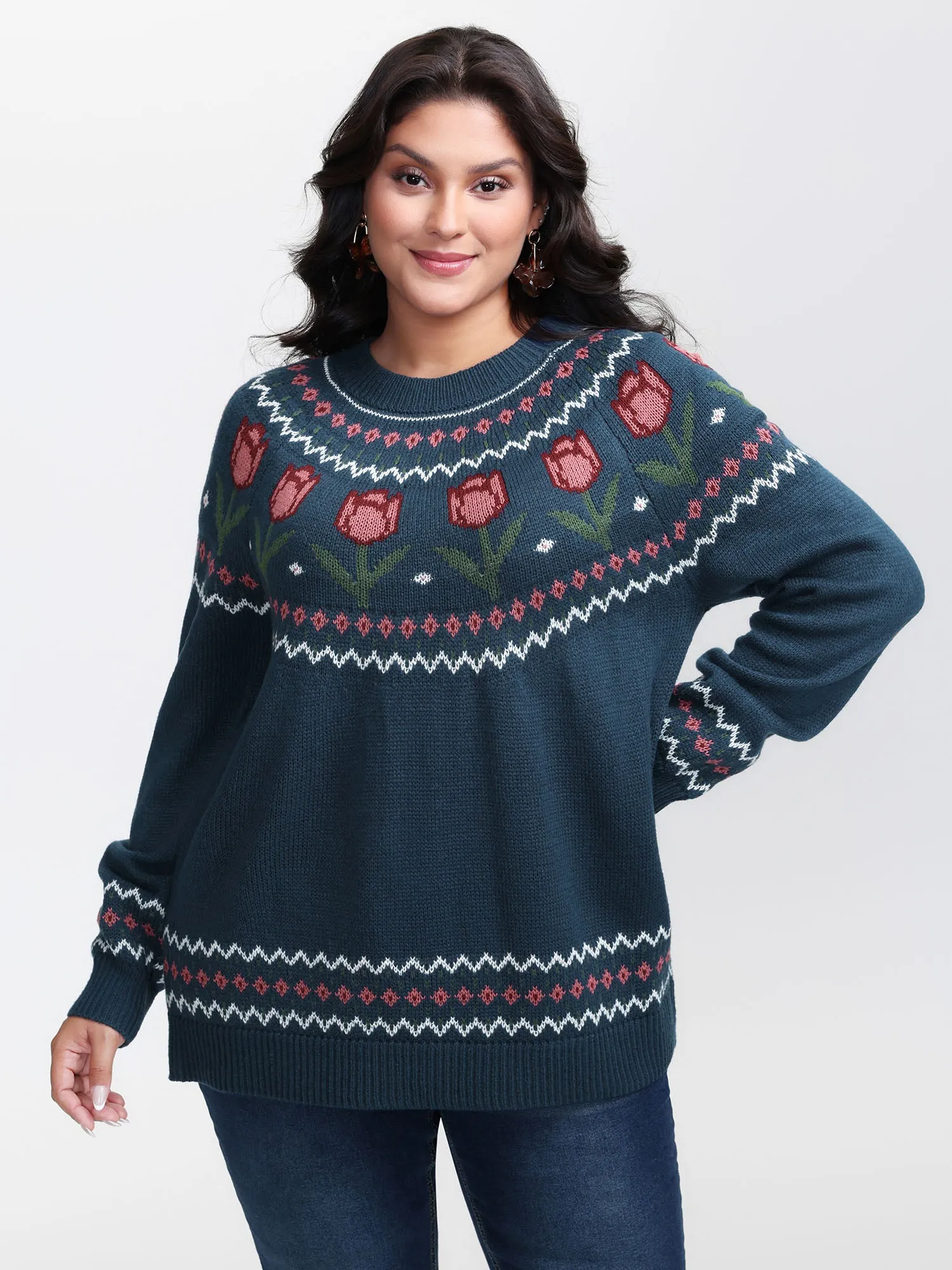 Floral Jacquard Color Contrast Pullover sold by Bloomchic product image thumbnail 2