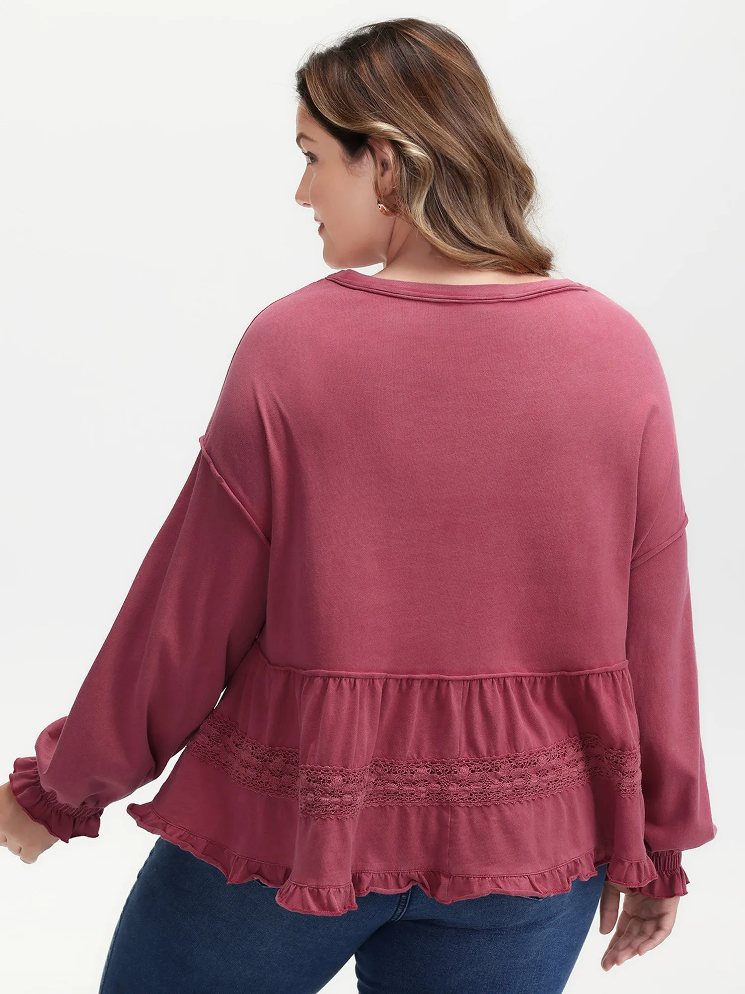 Washed Lace Trim Tiered Round Neck Sweatshirt sold by Bloomchic product image thumbnail 5