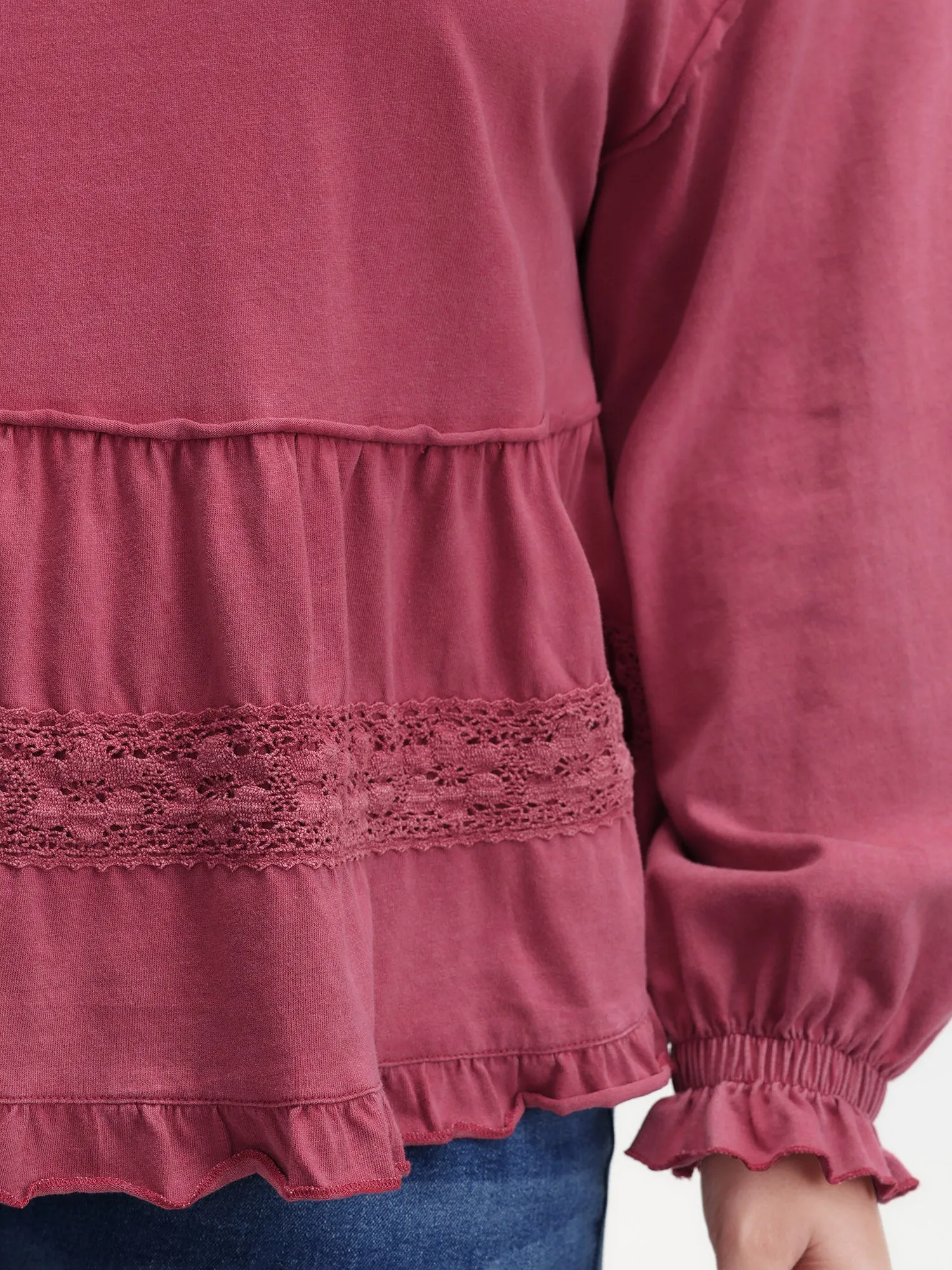 Washed Lace Trim Tiered Round Neck Sweatshirt sold by Bloomchic product image thumbnail 4