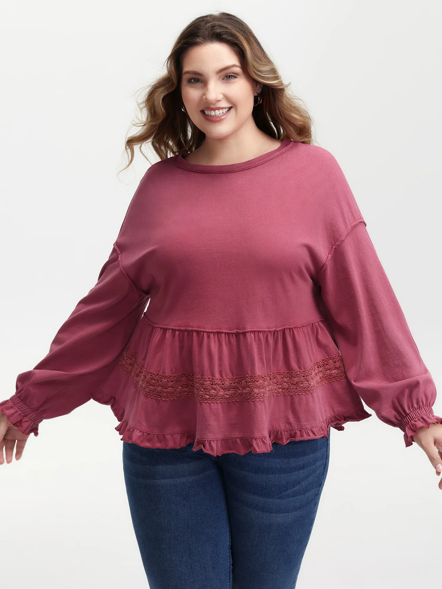 Washed Lace Trim Tiered Round Neck Sweatshirt sold by Bloomchic