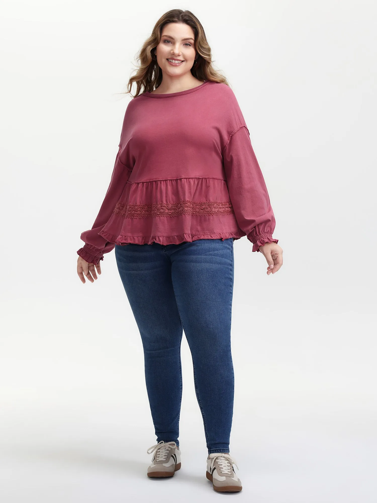 Washed Lace Trim Tiered Round Neck Sweatshirt sold by Bloomchic product image thumbnail 3