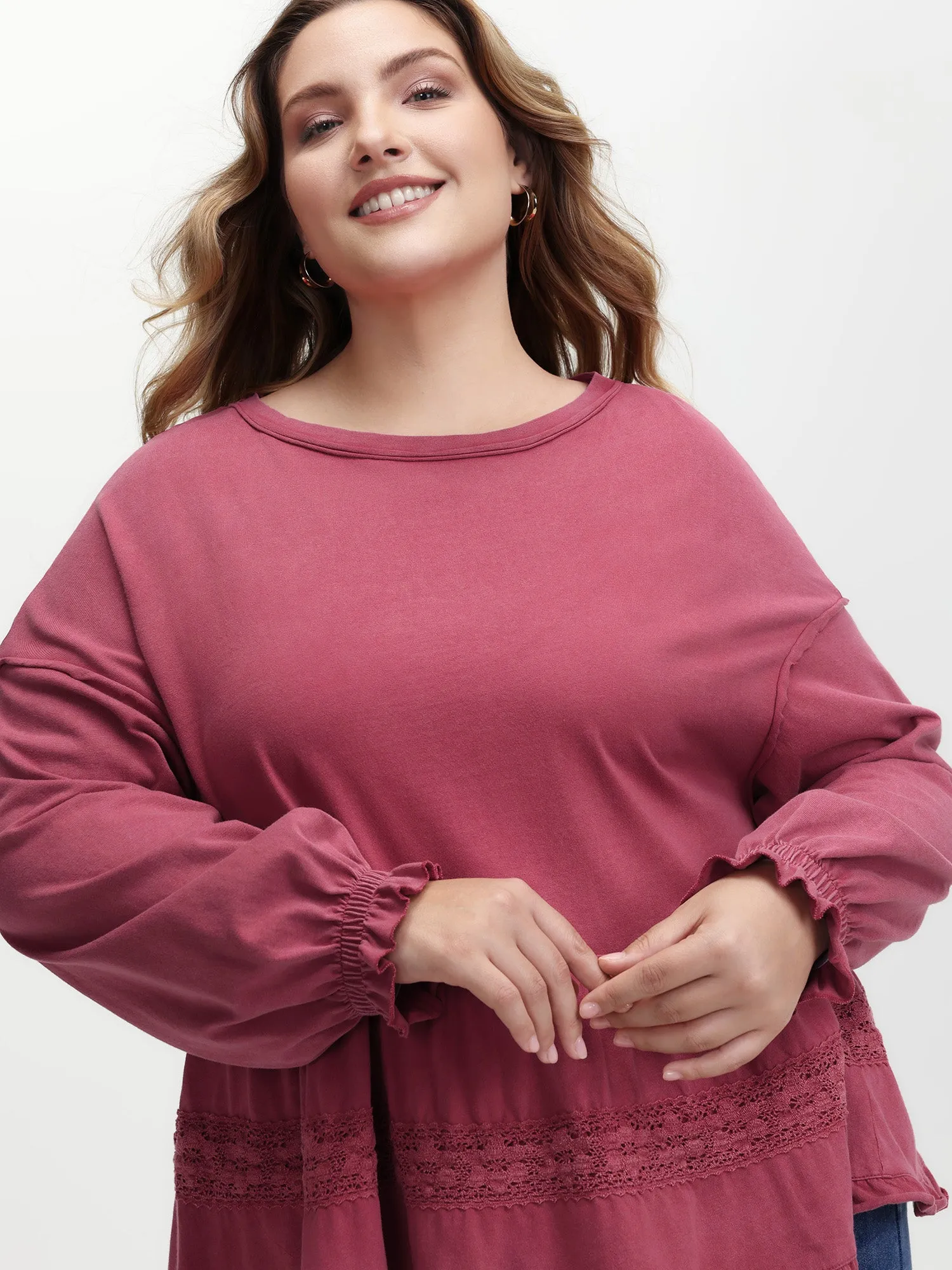 Washed Lace Trim Tiered Round Neck Sweatshirt sold by Bloomchic product image thumbnail 2