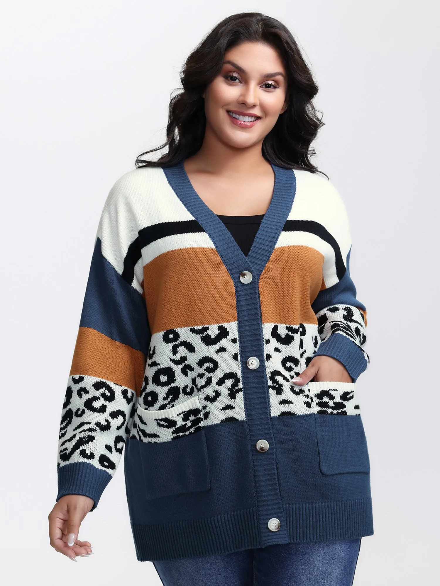 Stripe Color Block Leopard Knit Cardigan sold by Bloomchic