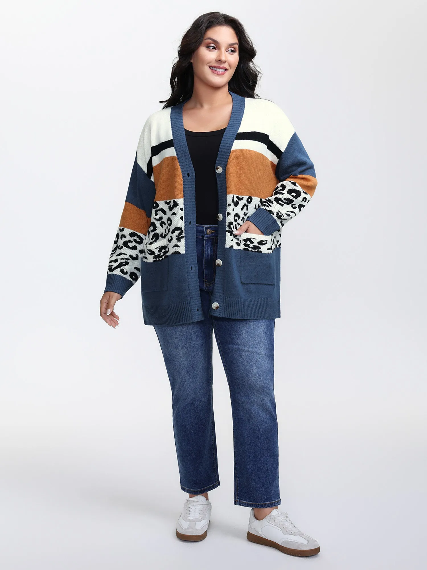 Stripe Color Block Leopard Knit Cardigan sold by Bloomchic product image thumbnail 3