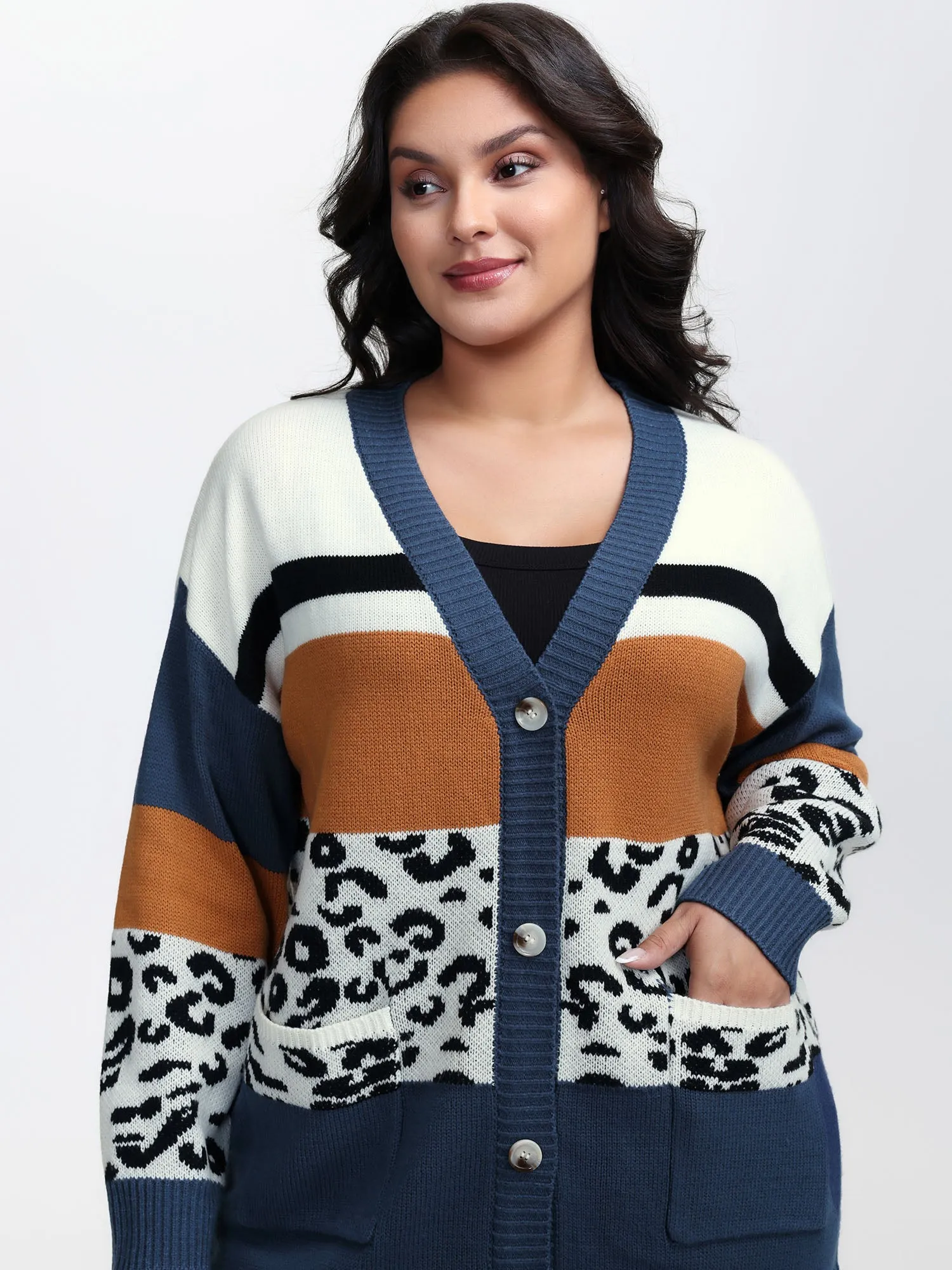 Stripe Color Block Leopard Knit Cardigan sold by Bloomchic product image thumbnail 2