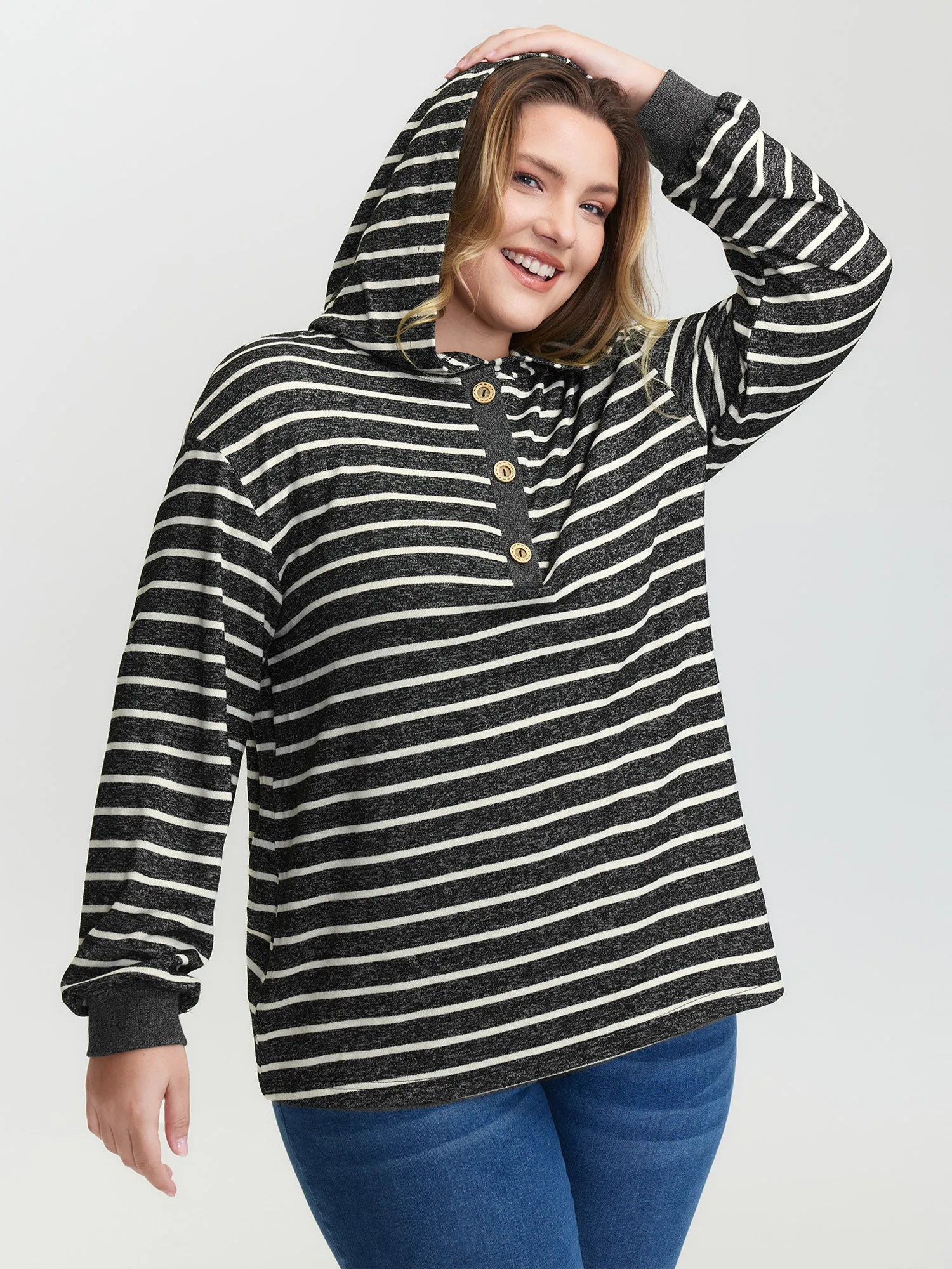 Striped Color Contrast Button Hoodie sold by Bloomchic product image thumbnail 4