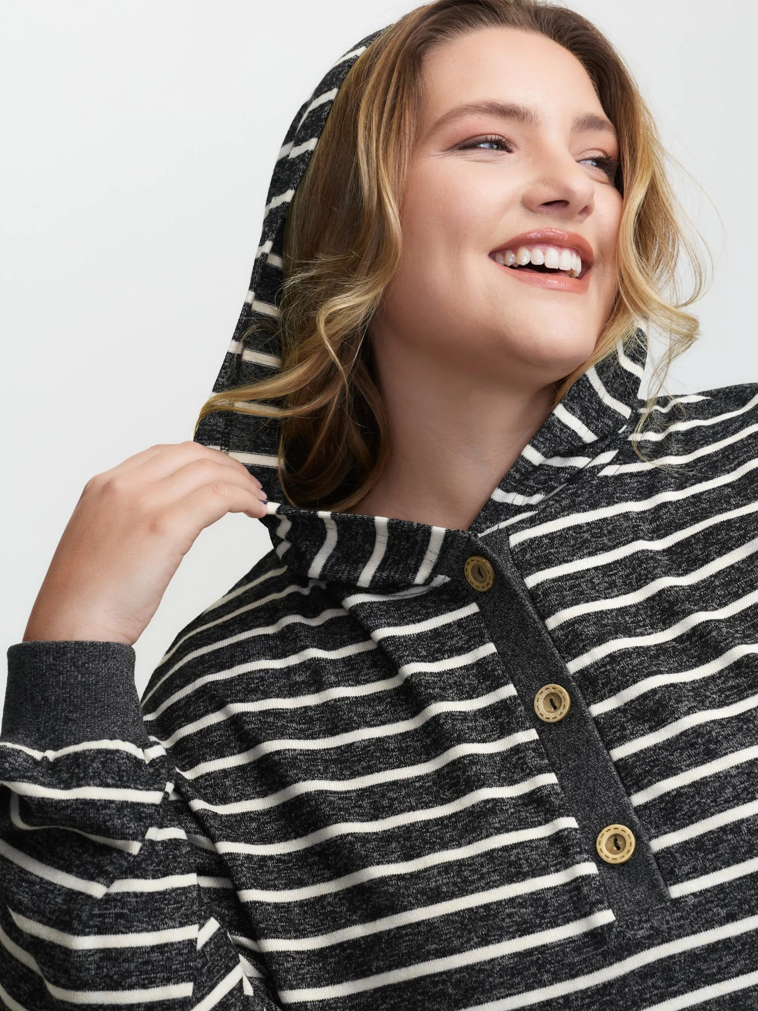Striped Color Contrast Button Hoodie sold by Bloomchic