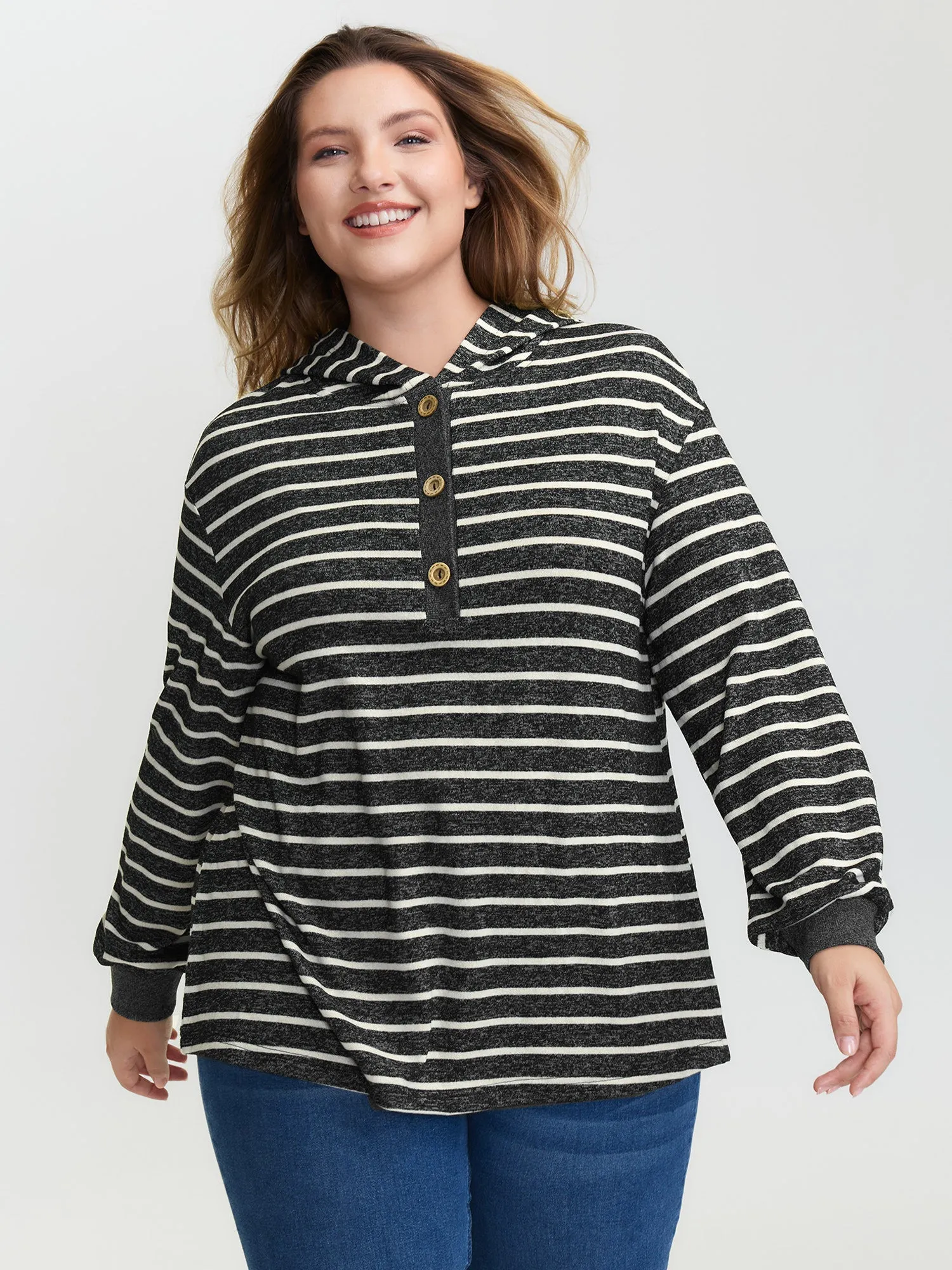 Striped Color Contrast Button Hoodie sold by Bloomchic product image thumbnail 2