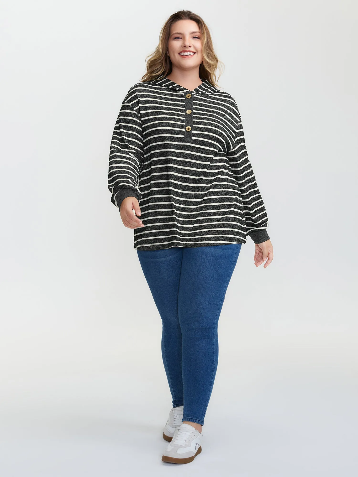 Striped Color Contrast Button Hoodie sold by Bloomchic product image thumbnail 3