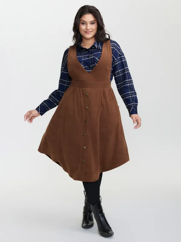 Corduroy Deep V-Neck Adjustable Midi Dress sold by Bloomchic