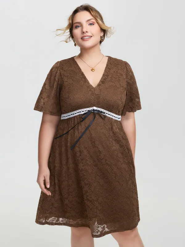 Lace Ruffled Sleeve Waist-Tie Knee-Length Dress sold by Bloomchic