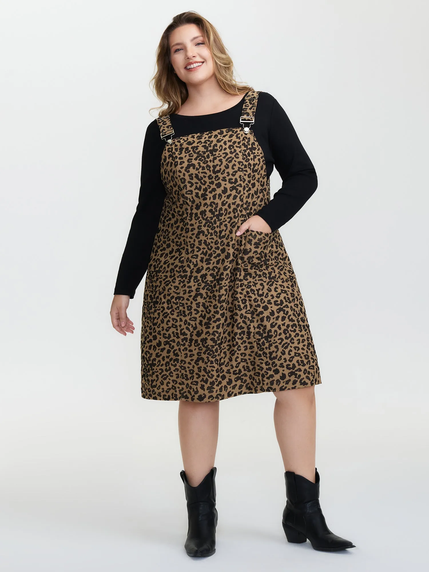 Leopard Print Overall Straps Pockets Midi Dress sold by Bloomchic product image thumbnail 3
