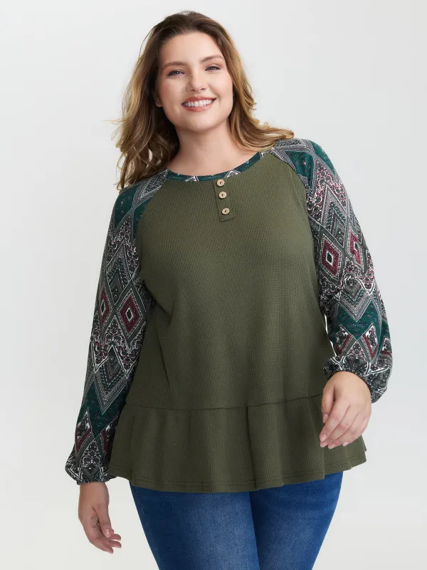 Geometric Print Ruffled Hem Button T-Shirt sold by Bloomchic