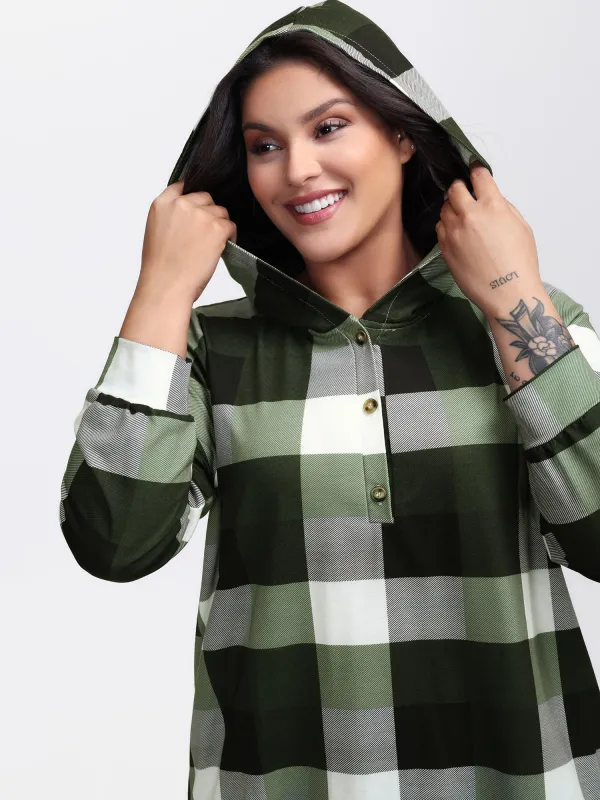 Checkered Print Button Hoodie sold by Bloomchic