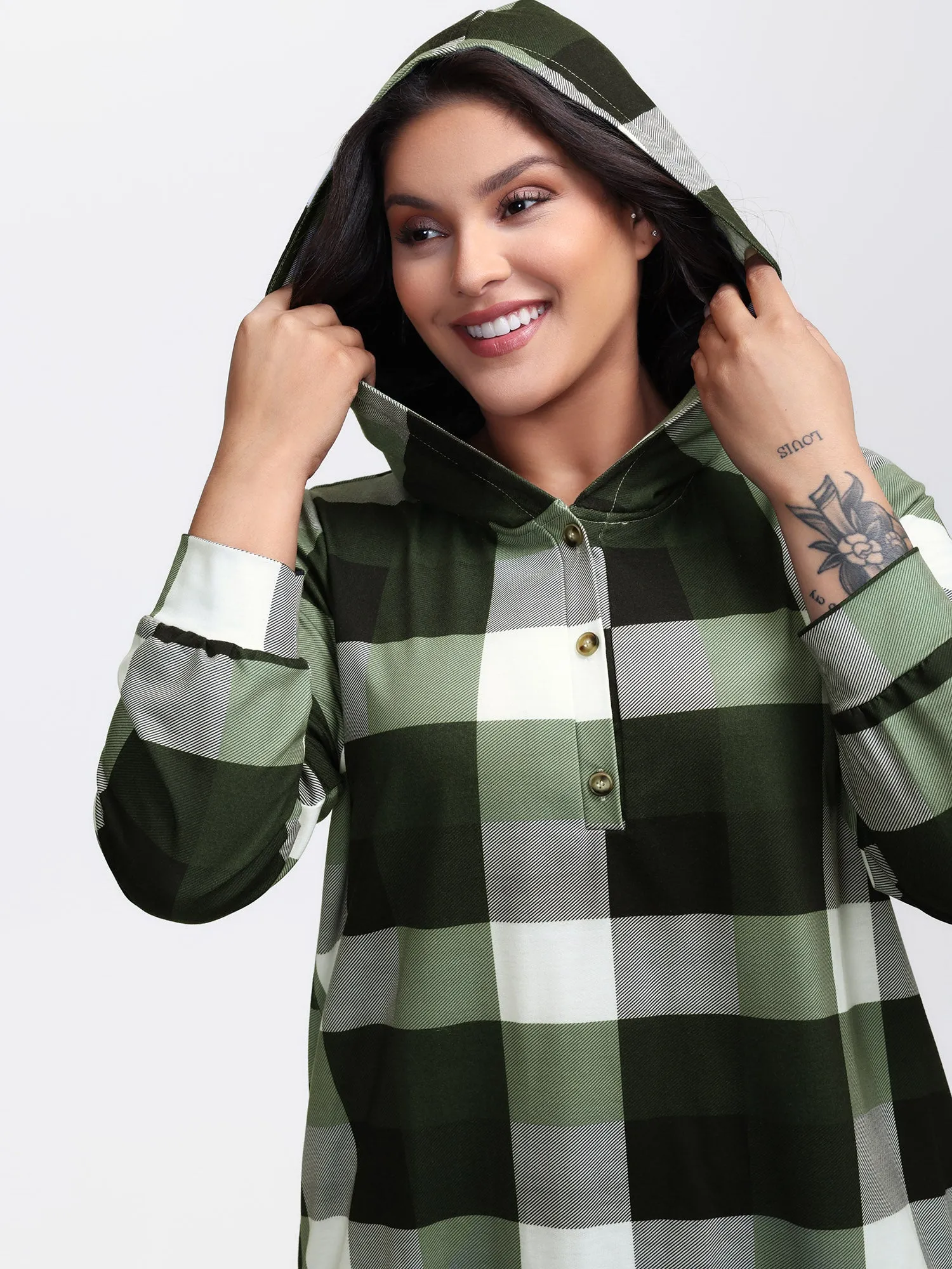 Checkered Print Button Hoodie sold by Bloomchic