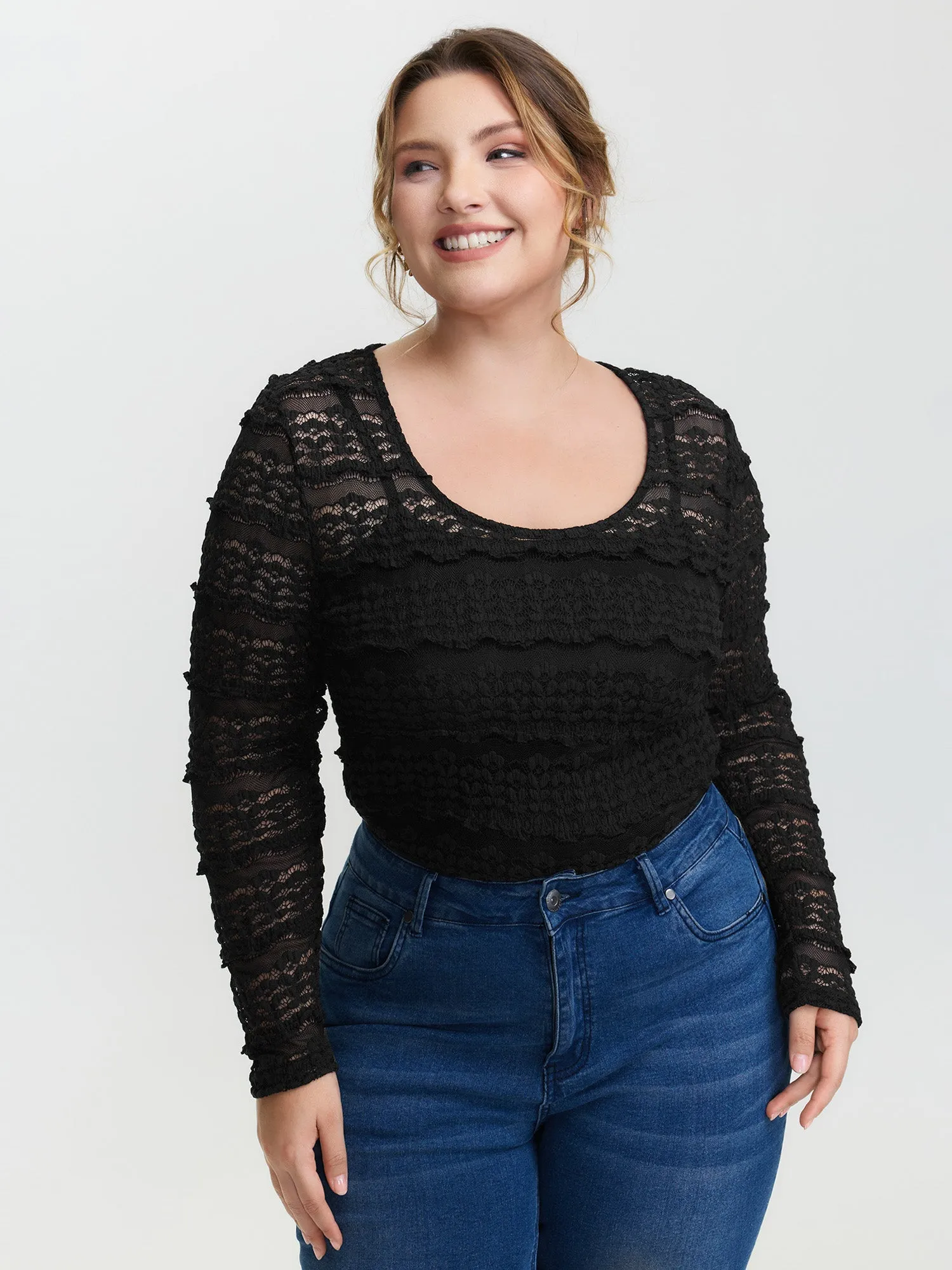 Sheer Textured Scoop Neck Bodysuit sold by Bloomchic