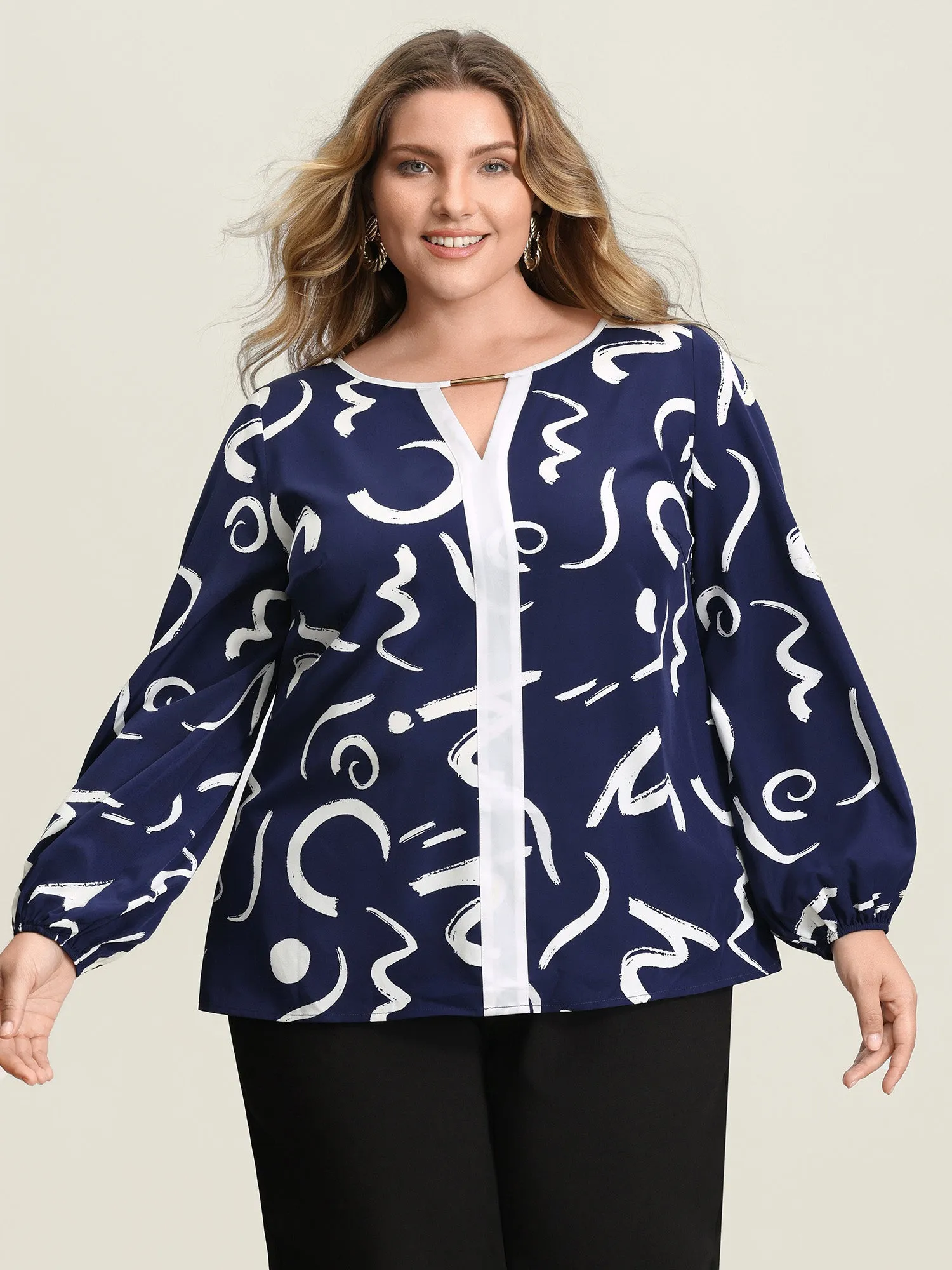 Scribble Print Color Contrast Cut-Out Blouse sold by Bloomchic