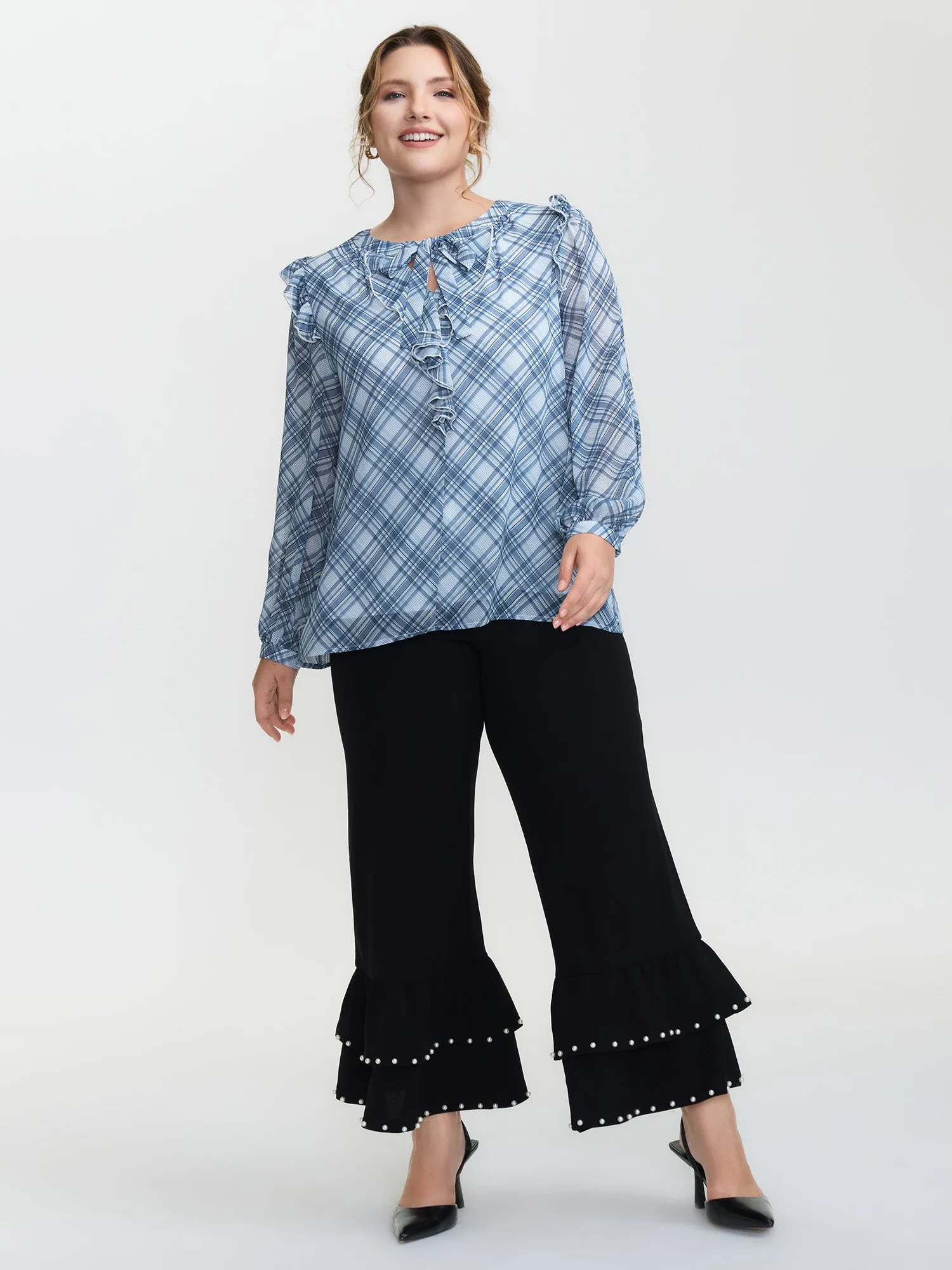 Plaid Print Sheer Ruffled Blouse sold by Bloomchic product image thumbnail 3
