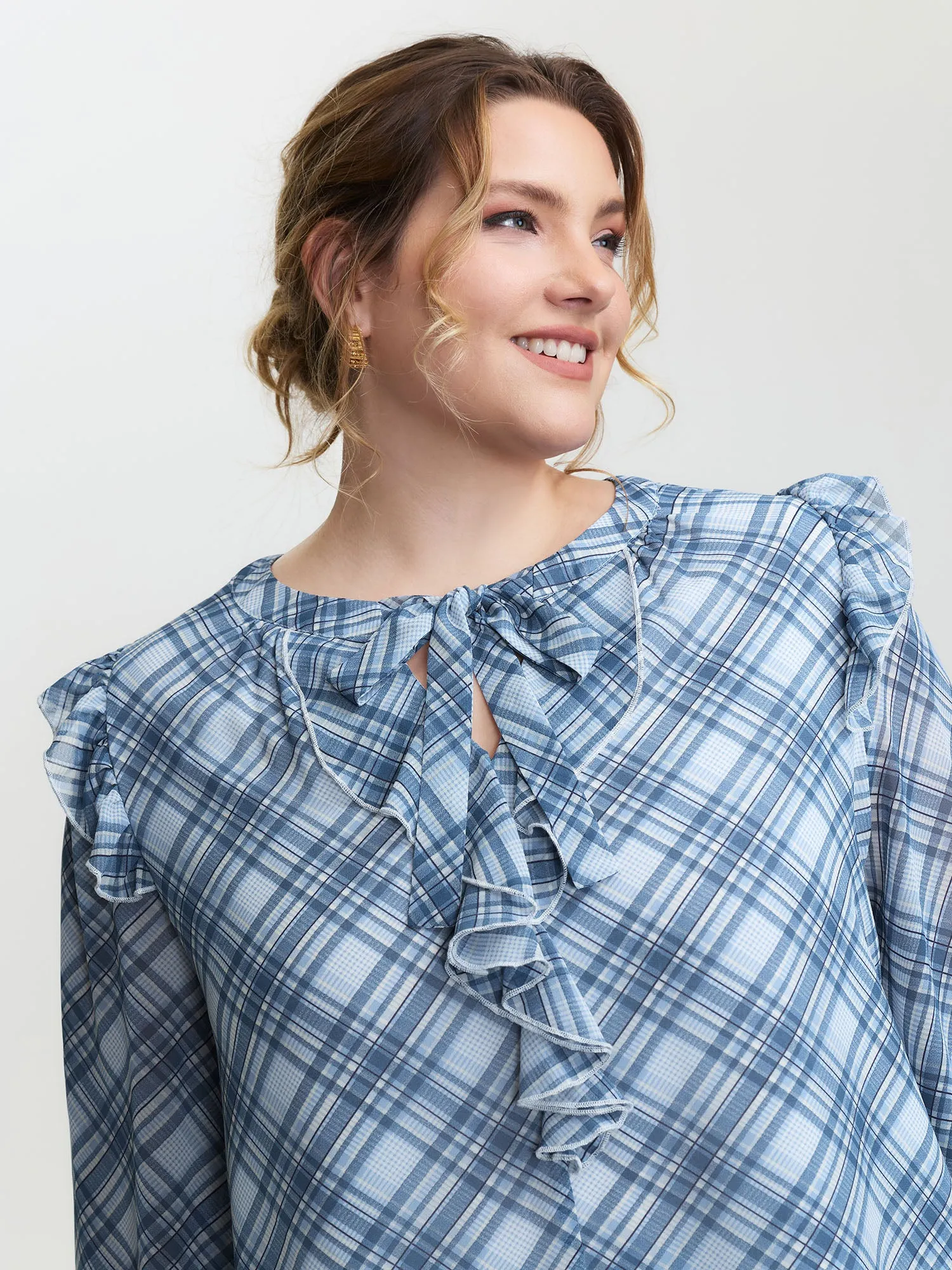 Plaid Print Sheer Ruffled Blouse sold by Bloomchic