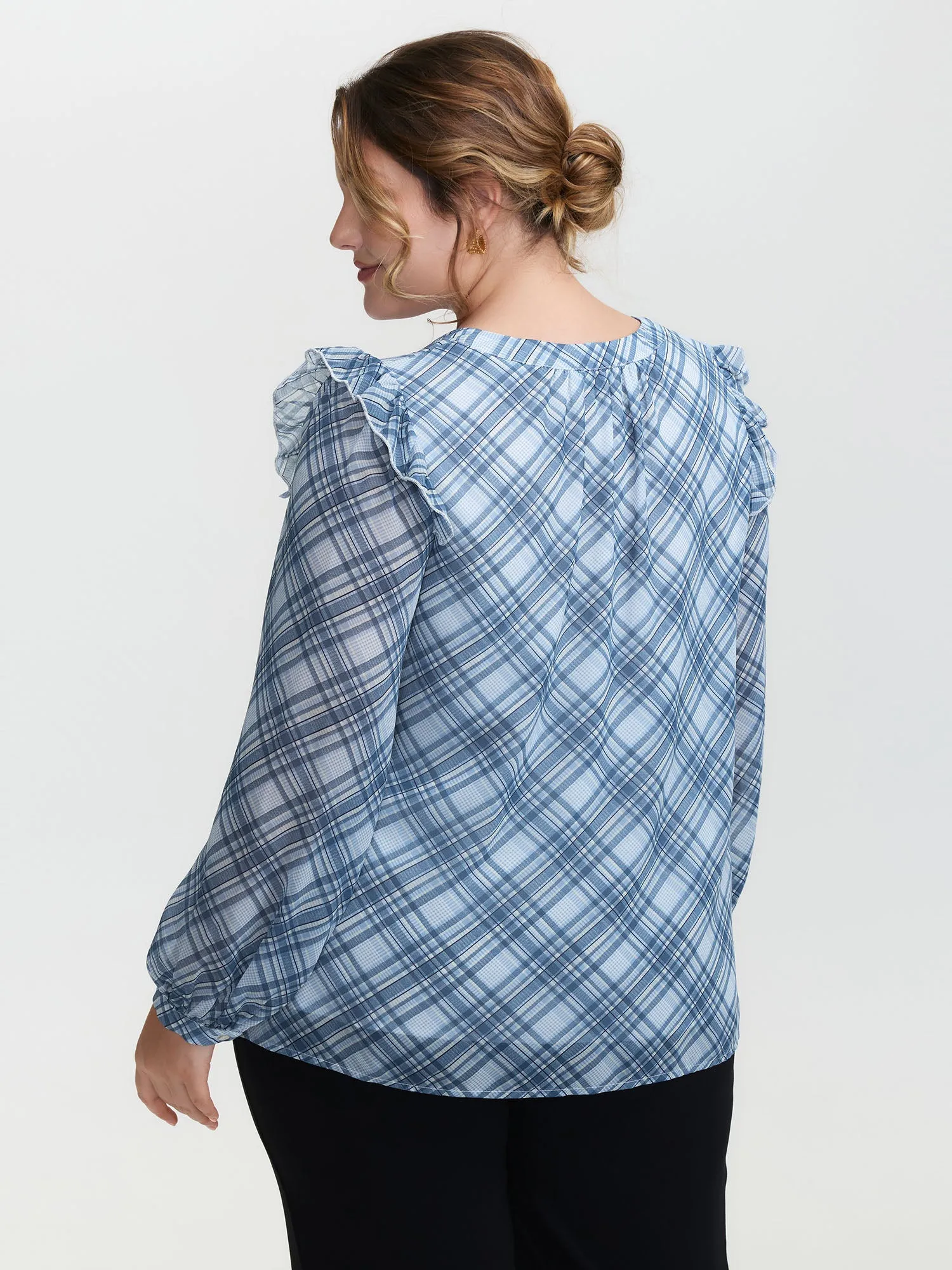 Plaid Print Sheer Ruffled Blouse sold by Bloomchic product image thumbnail 5