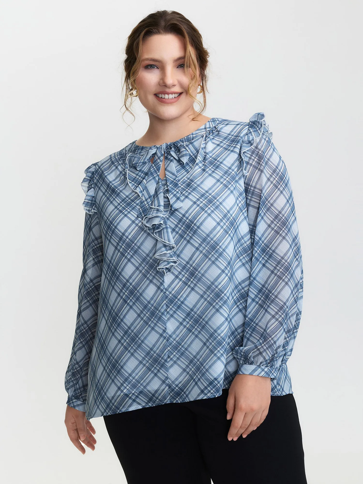 Plaid Print Sheer Ruffled Blouse sold by Bloomchic product image thumbnail 2