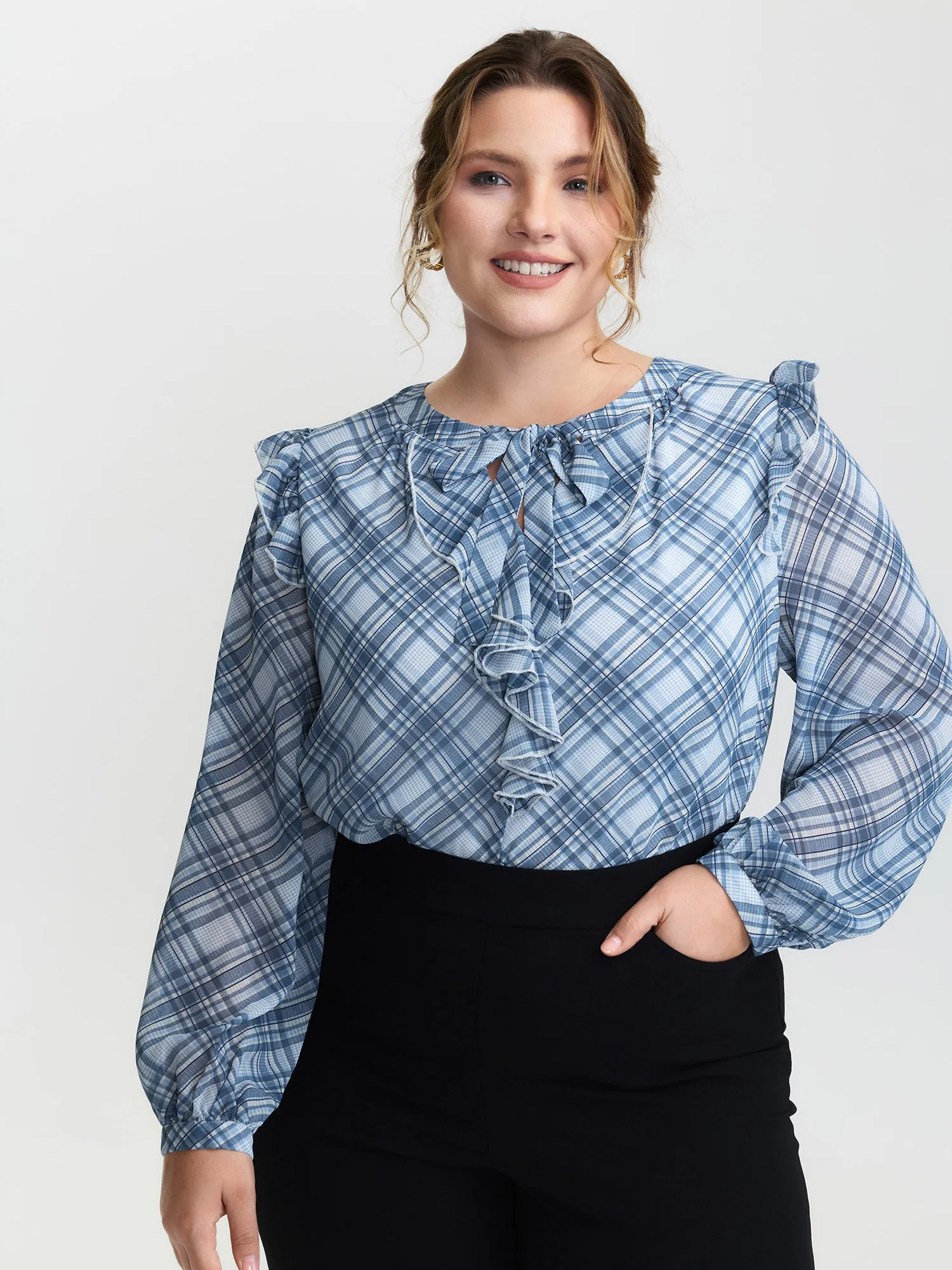 Plaid Print Sheer Ruffled Blouse sold by Bloomchic product image thumbnail 4