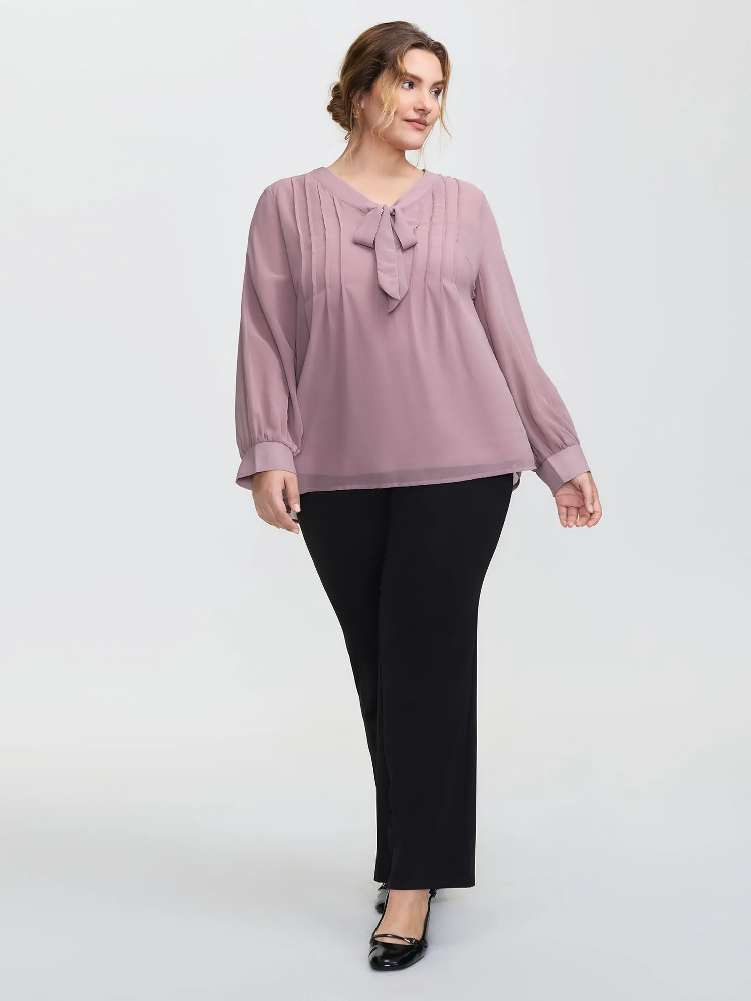 Toothpick Pleats Neck-Tie Sheer Blouse sold by Bloomchic product image thumbnail 3