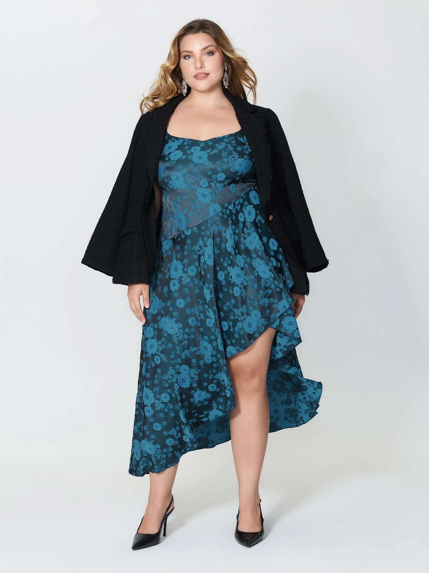 Floral Satin Stretch Asymmetrical Hem Midi Dress sold by Bloomchic product image thumbnail 3