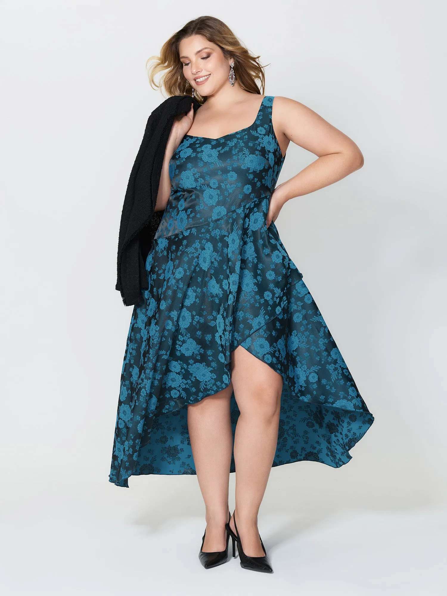 Floral Satin Stretch Asymmetrical Hem Midi Dress sold by Bloomchic product image thumbnail 4