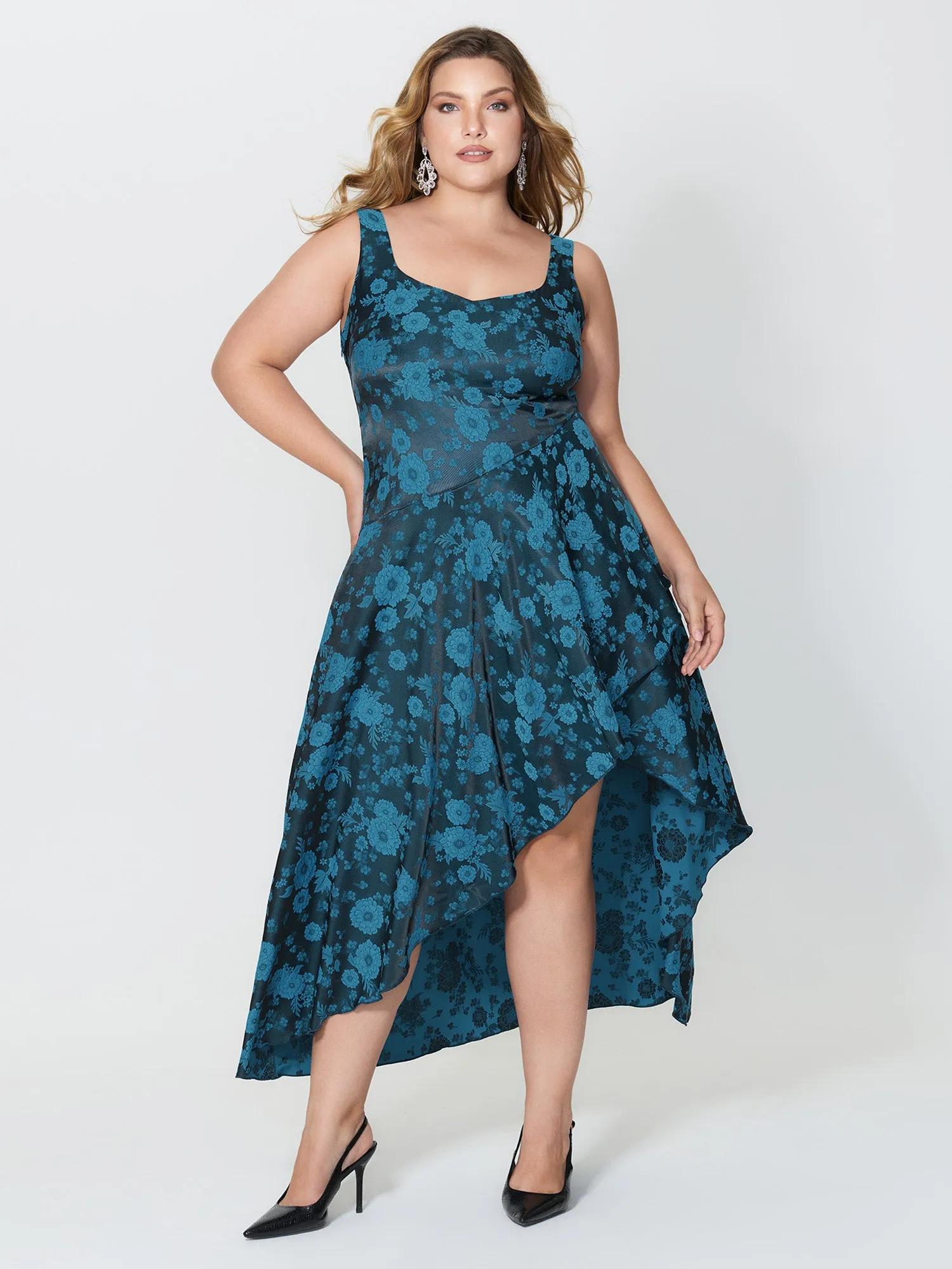 Floral Satin Stretch Asymmetrical Hem Midi Dress sold by Bloomchic