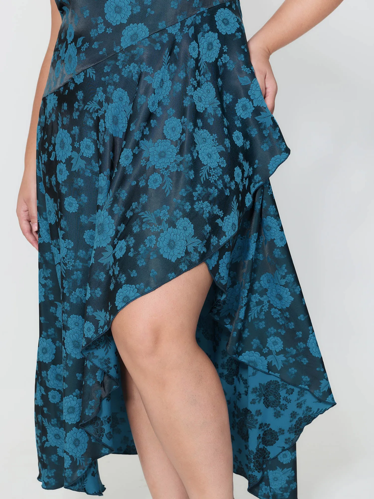 Floral Satin Stretch Asymmetrical Hem Midi Dress sold by Bloomchic product image thumbnail 5