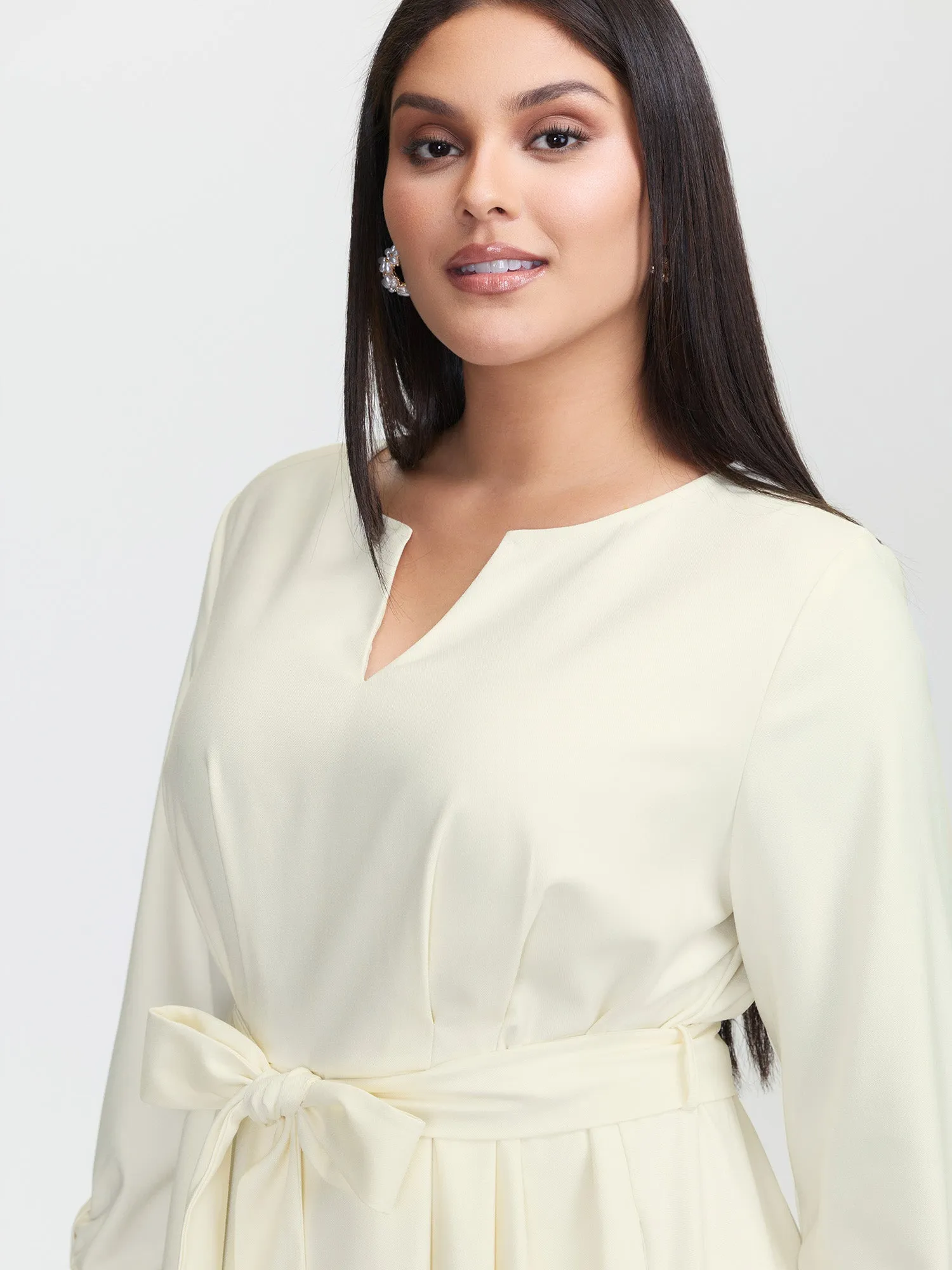 Pleated Split Neck Waist-Tie Maxi Dress sold by Bloomchic product image thumbnail 2