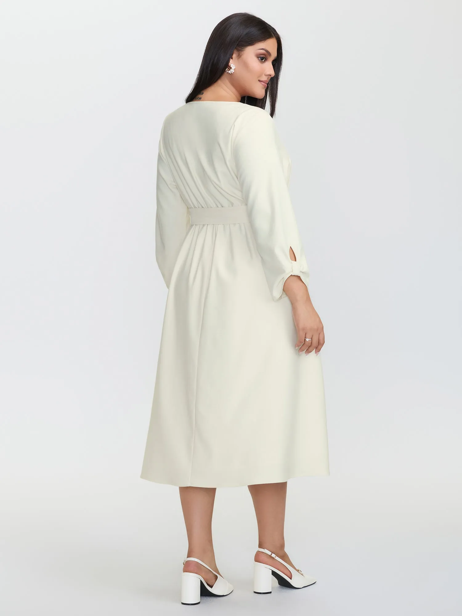 Pleated Split Neck Waist-Tie Maxi Dress sold by Bloomchic product image thumbnail 4