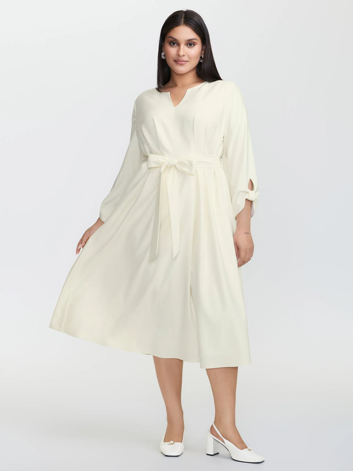 Pleated Split Neck Waist-Tie Maxi Dress sold by Bloomchic