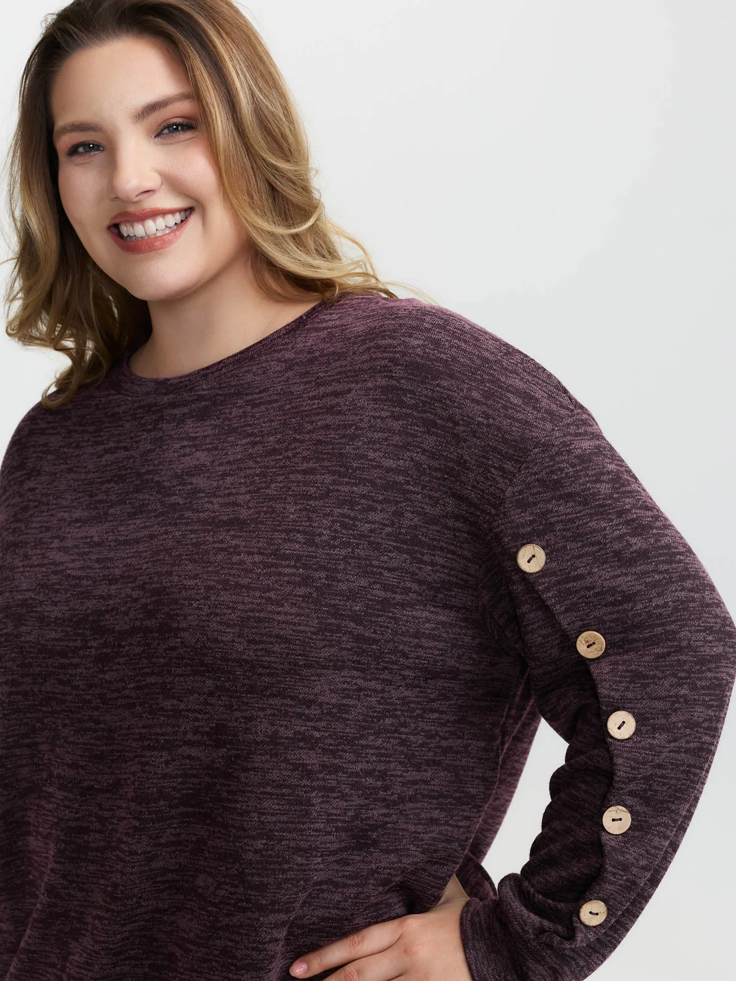 Heather Button Detail Overlap Sleeve Sweatshirt sold by Bloomchic product image thumbnail 2